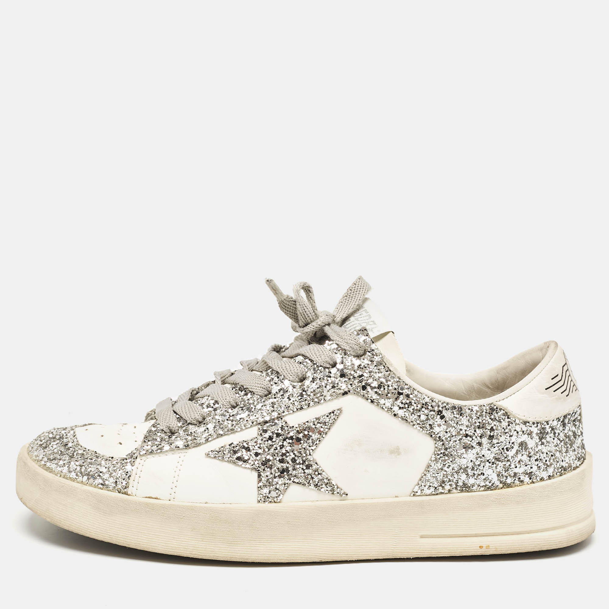 

Golden Goose White/Silver Glitter and Leather Stardan Sneakers Size