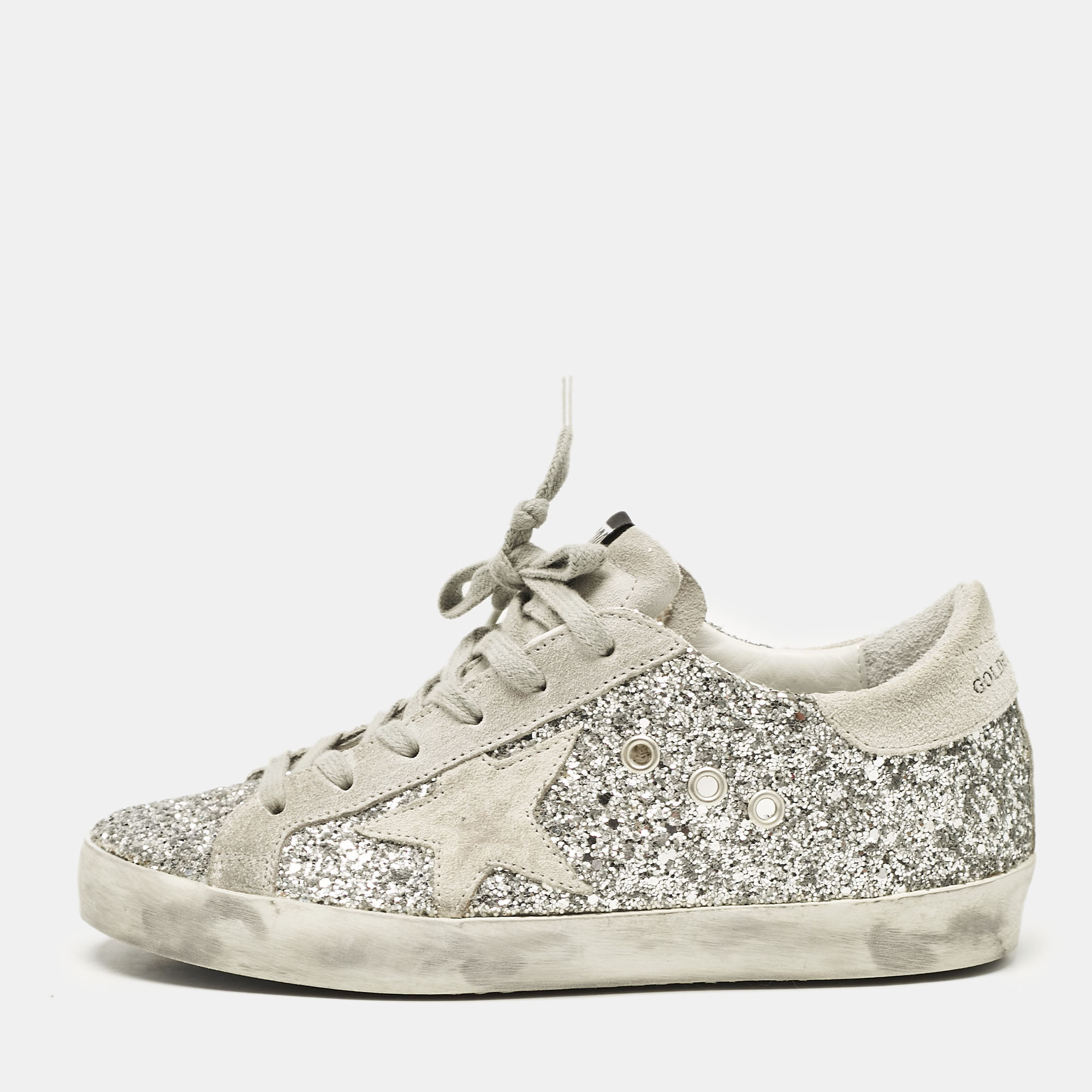 

Golden Goose Grey/Silver Glitter and Suede Super Star Lace Up Sneakers Size