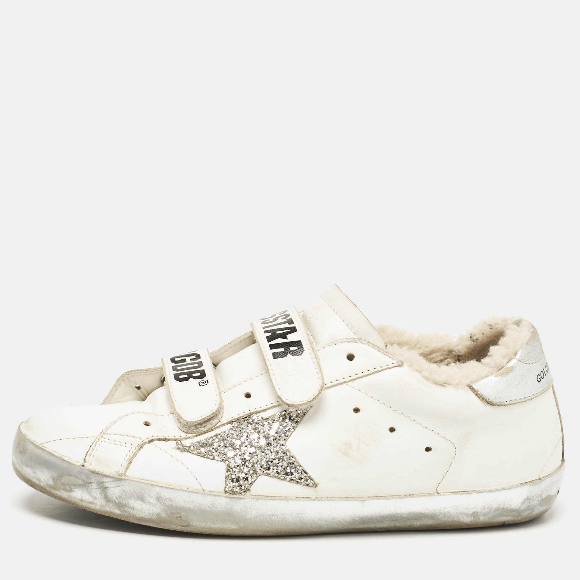 

Golden Goose White/Silver Leather and Glitter Old School Sneakers Size