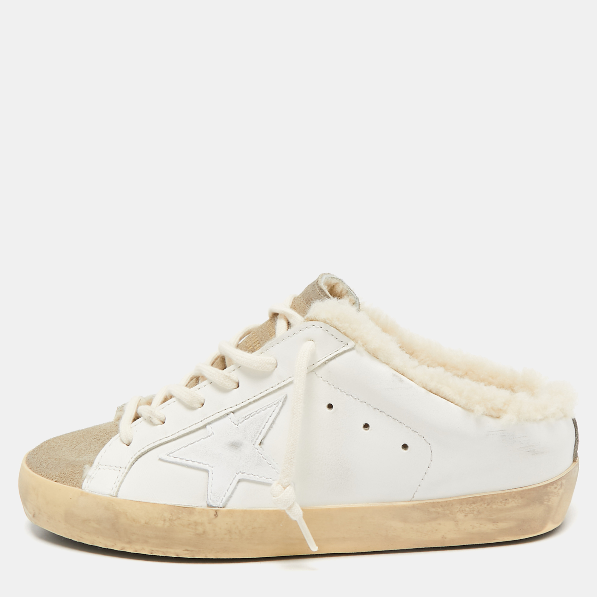 

Golden Goose White Leather and Suede Superstar Sneaker Mules Size