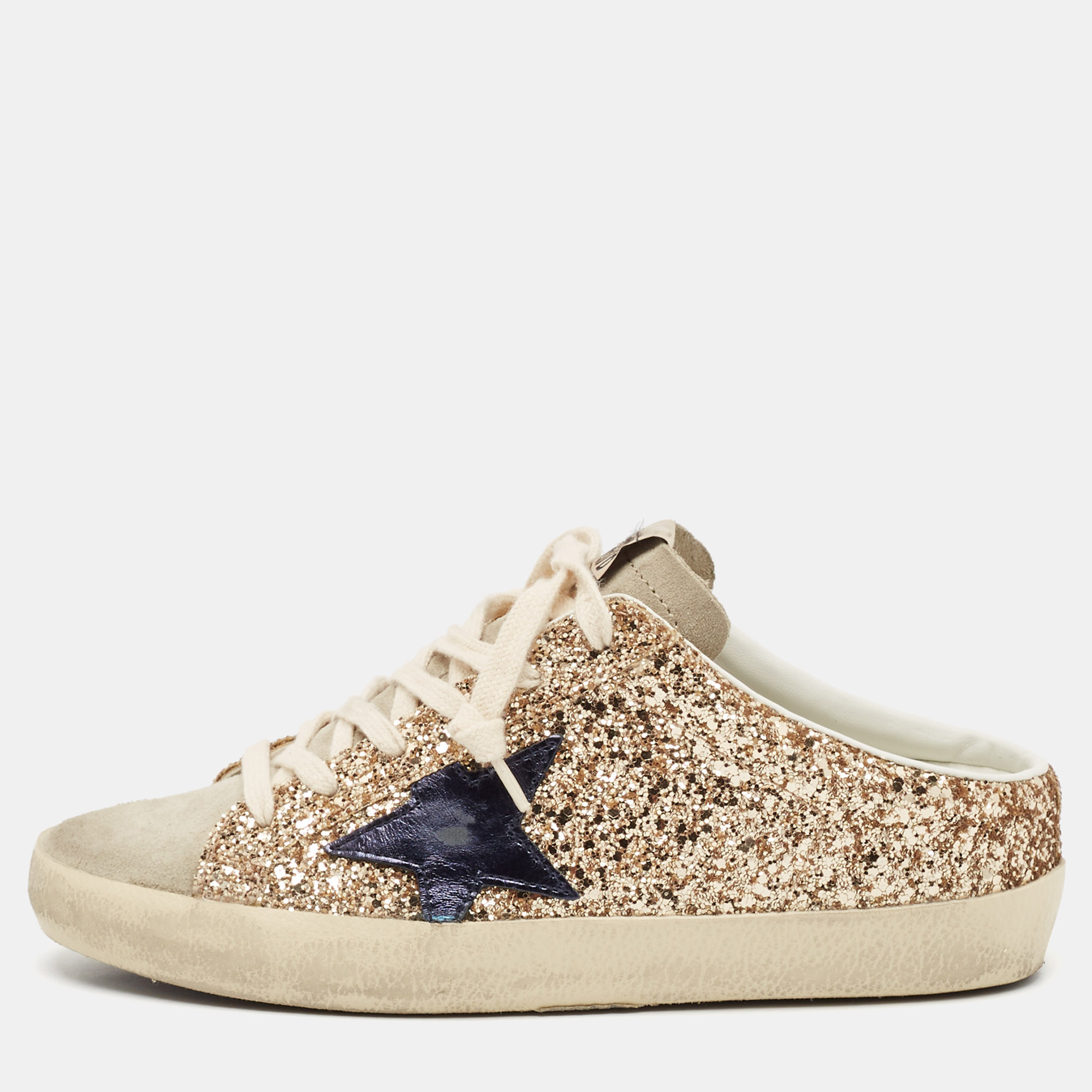 

Golden Goose Gold Glitter and Suede Superstar Mules Size