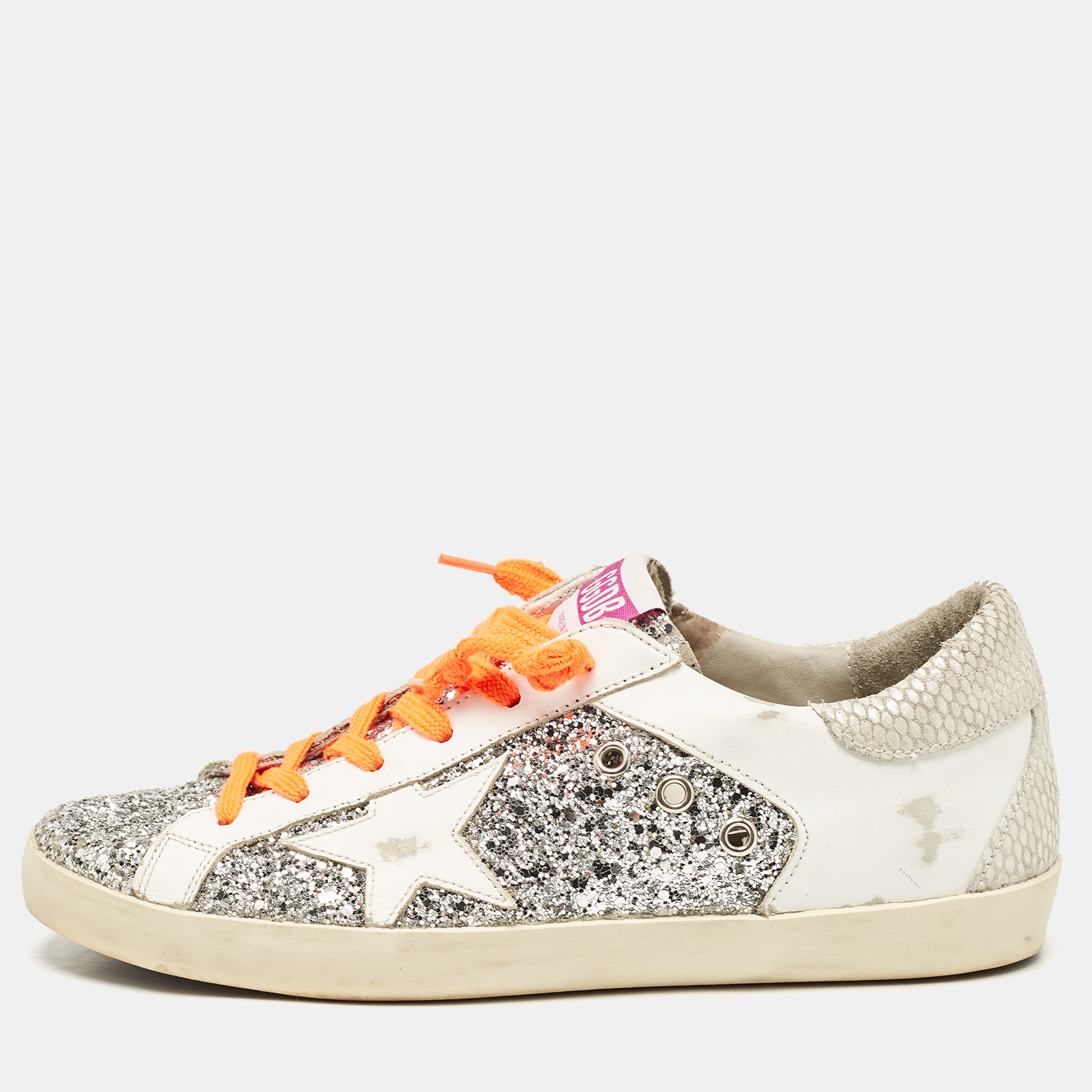 

Golden Goose White/Grey Glitter and Leather Super Star Sneakers Size