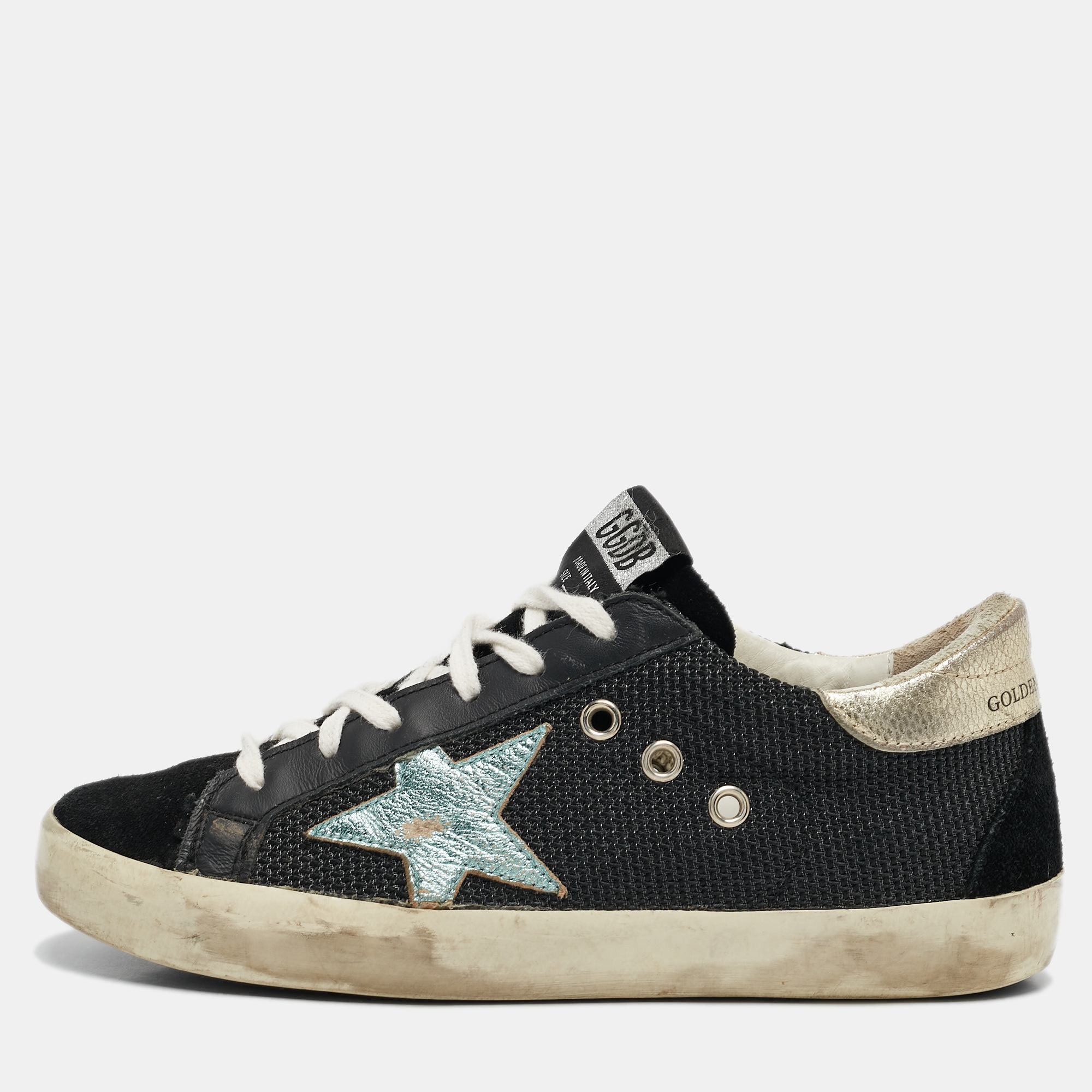 

Golden Goose Black/Silver Leather and Suede Super Star Sneakers Size