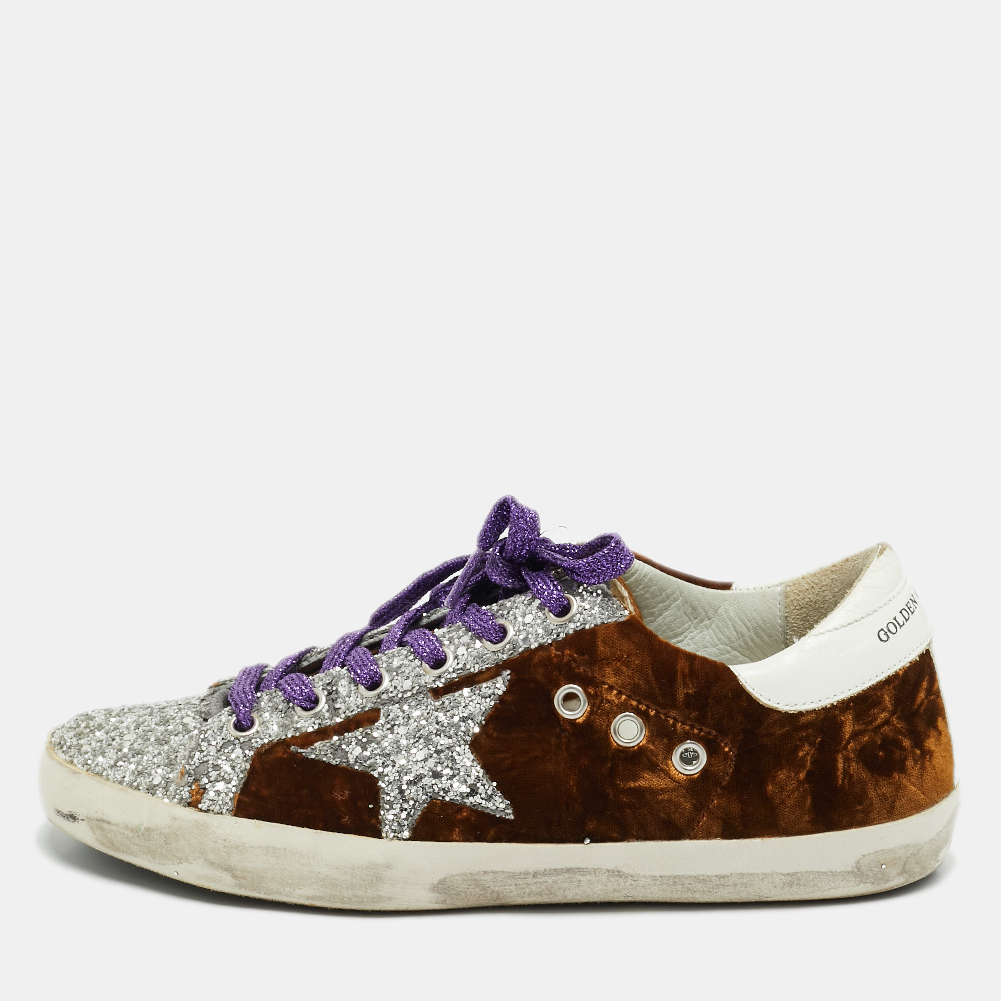 

Golden Goose Brown/Silver Velvet and Glitter Superstar Low Top Sneakers Size
