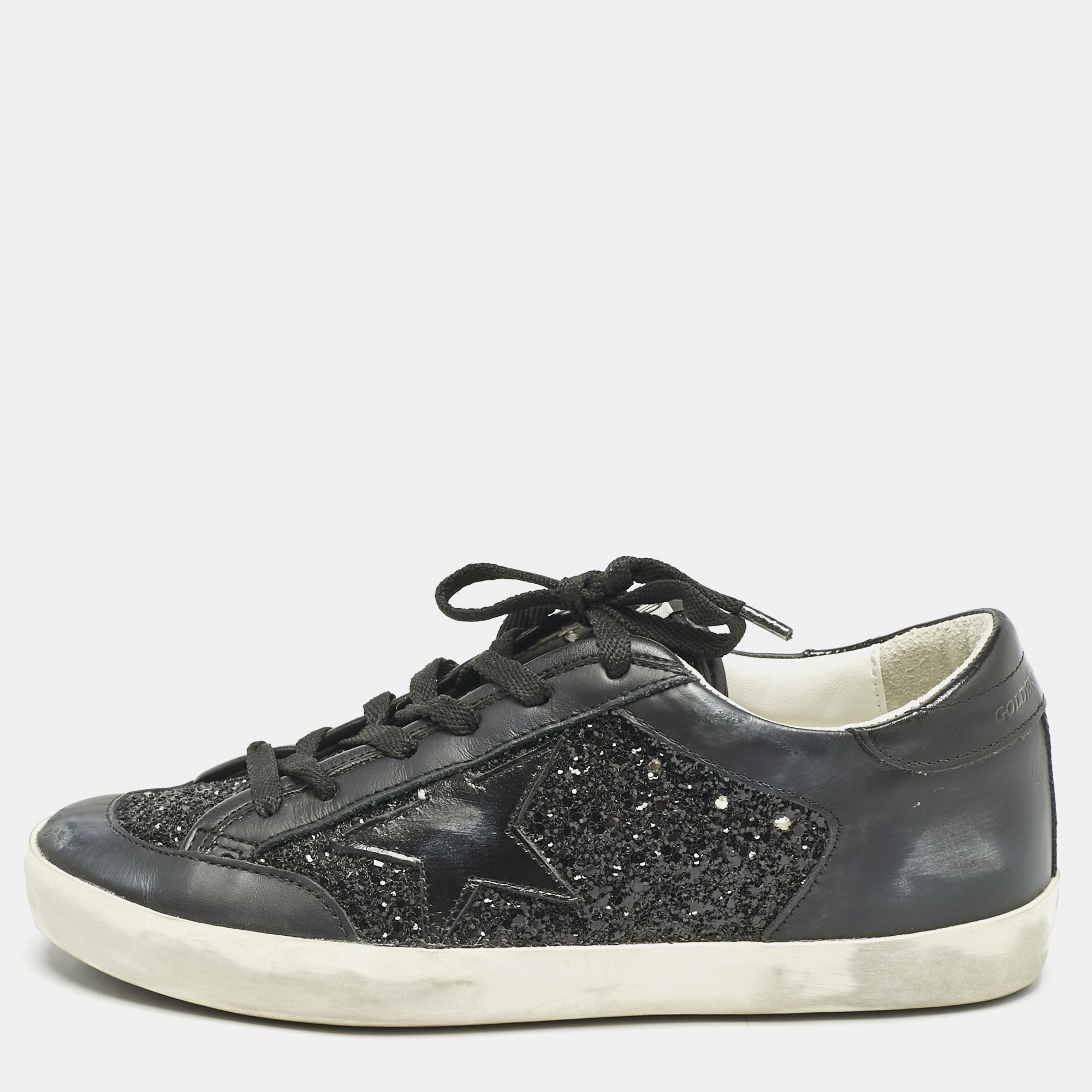 

Golden Goose Black Glitter and Leather Superstar Low Top Sneakers Size