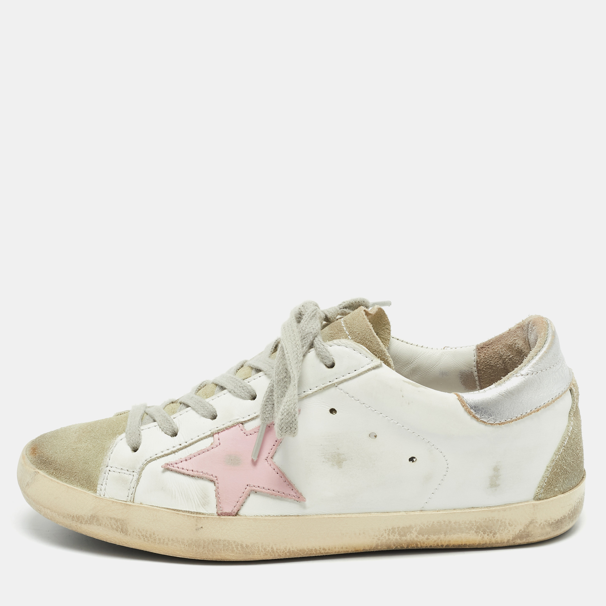 

Golden Goose White/Grey Leather and Suede Super Star Sneakers Size