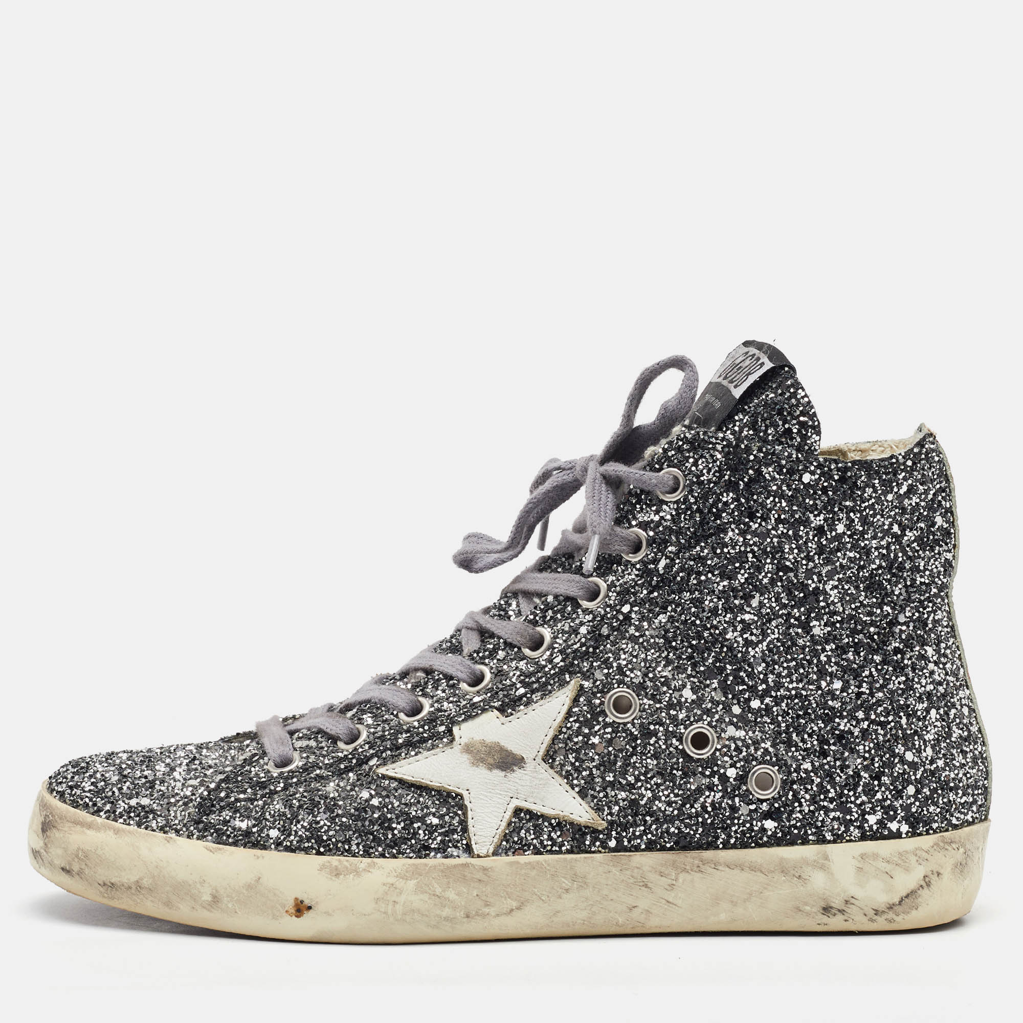 

Golden Goose Silver/White Glitter and Leather High Top Francy Sneakers Size