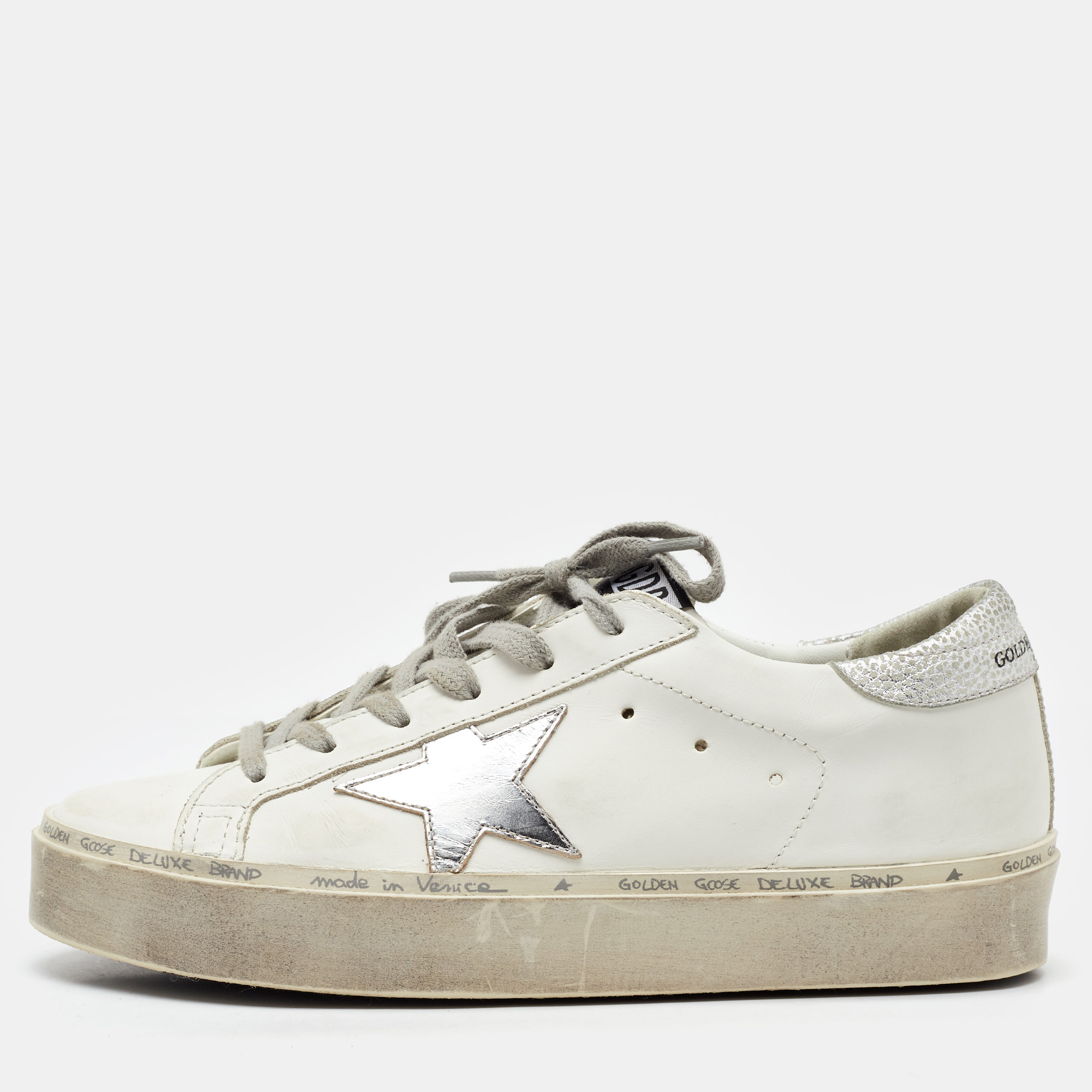 

Golden Goose White/Silver Leather Hi Star Low Top Sneakers Size