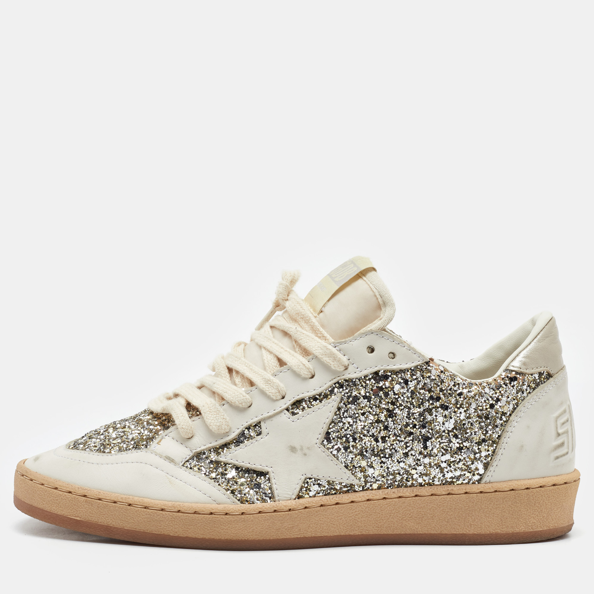 

Golden Goose White/Silver Glitter and Leather Ball Star Low Top Sneakers Size