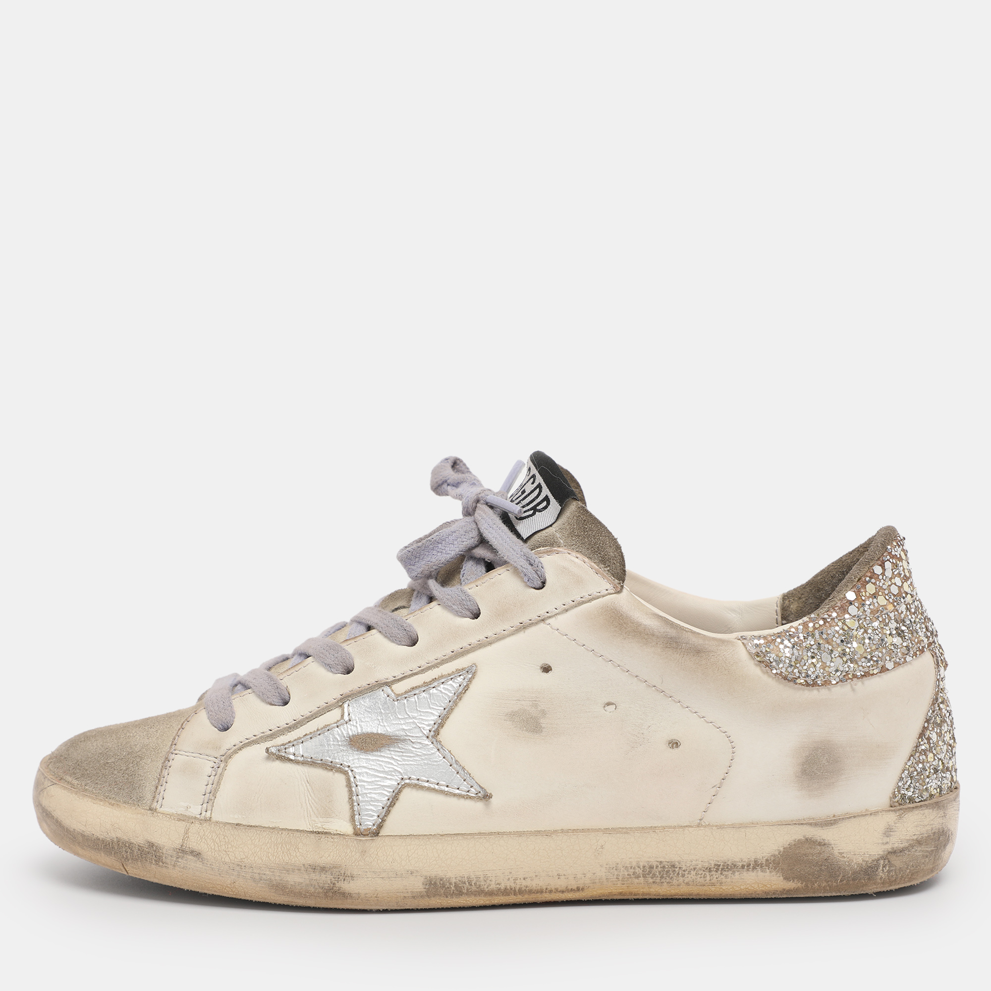 

Golden Goose White/Silver Leather Superstar Low Top Sneakers Size