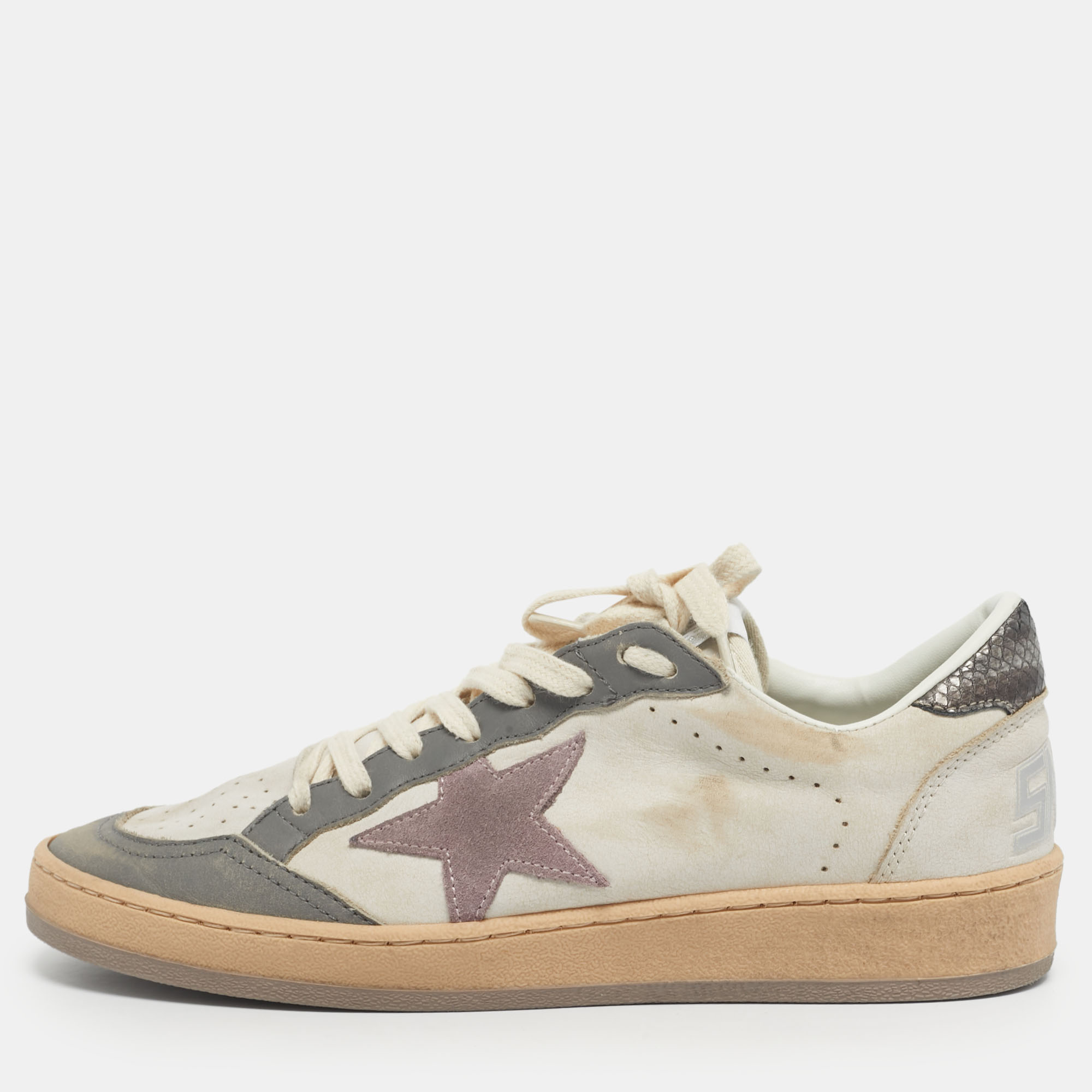 Pre-owned Golden Goose White/grey Leather Ballstar Low Top Sneakers Size 38