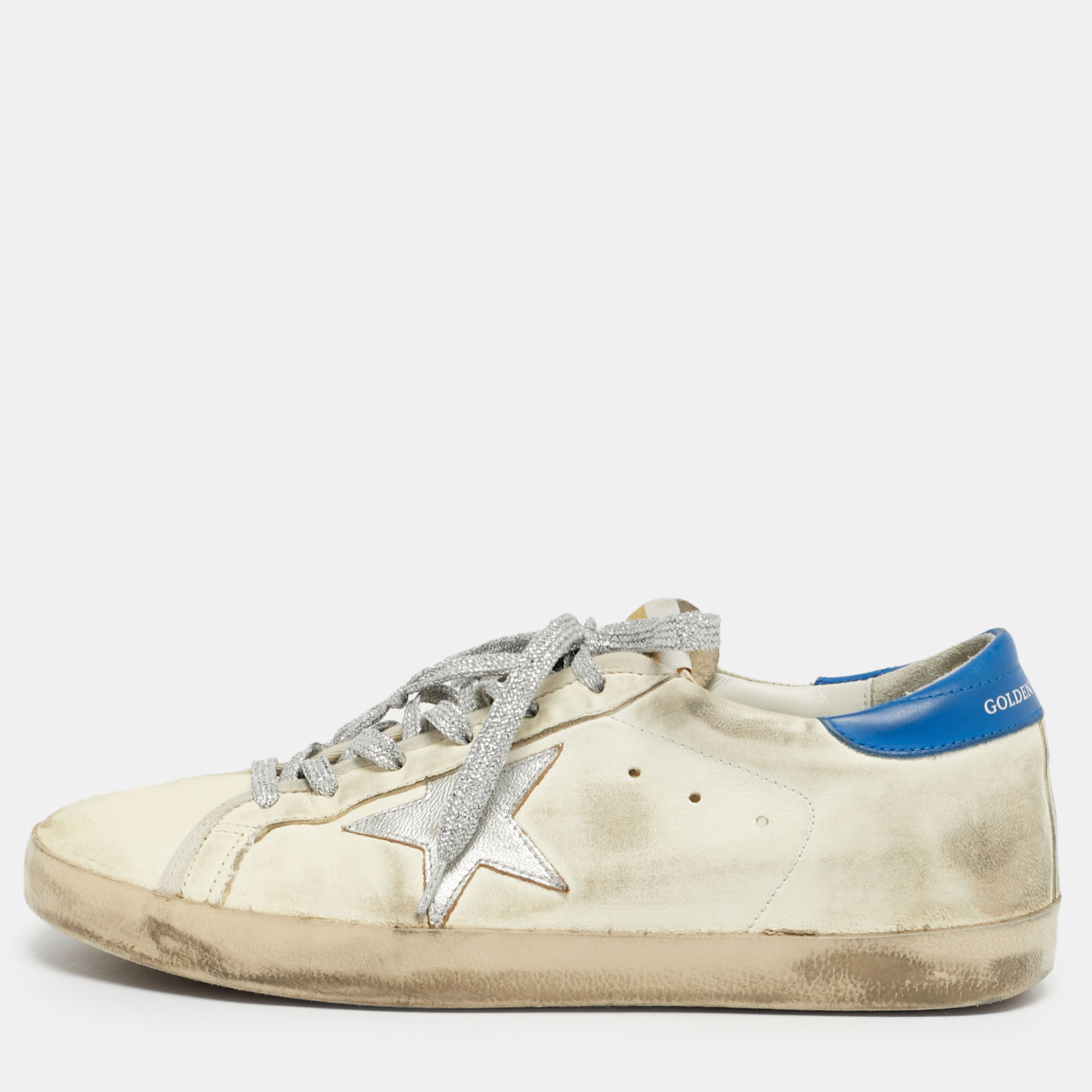 

Golden Goose White/Blue Leather Super Star Lace Up Sneakers Size