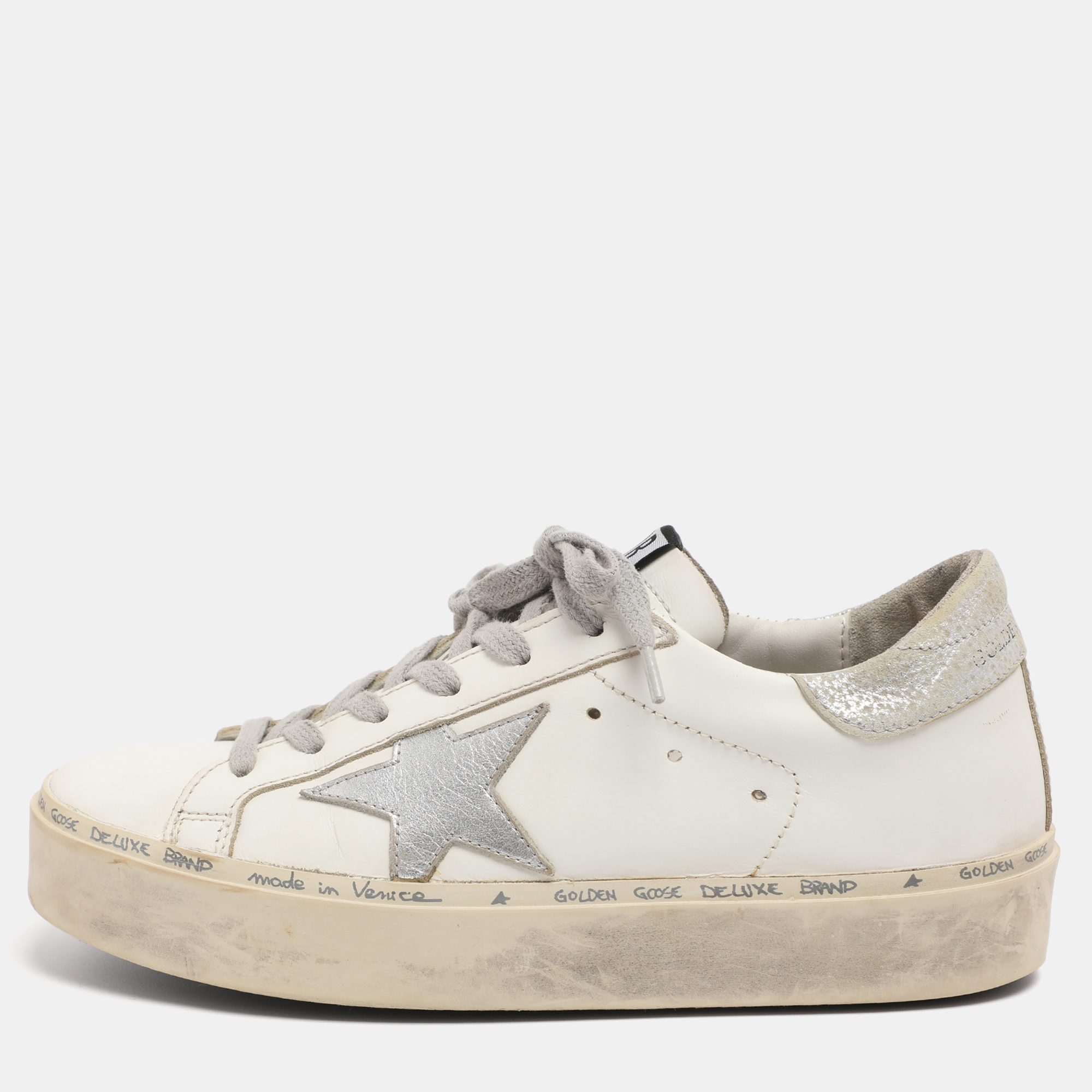 

Golden Goose White/Silver Leather Hi Star Lace Up Sneakers Size