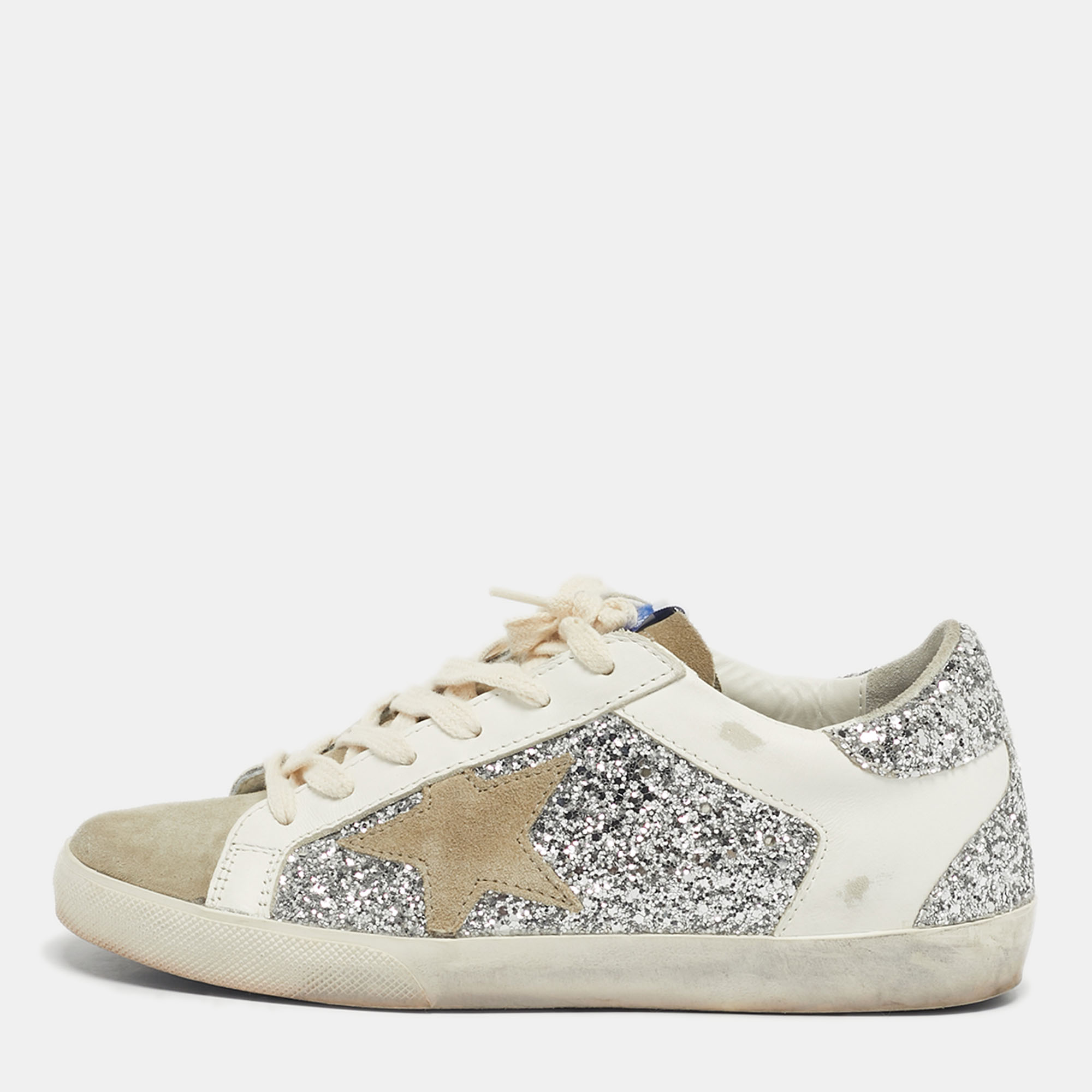 

Golden Goose Tricolor Glitter and Leather Superstar Lace Up Sneakers Size, Silver