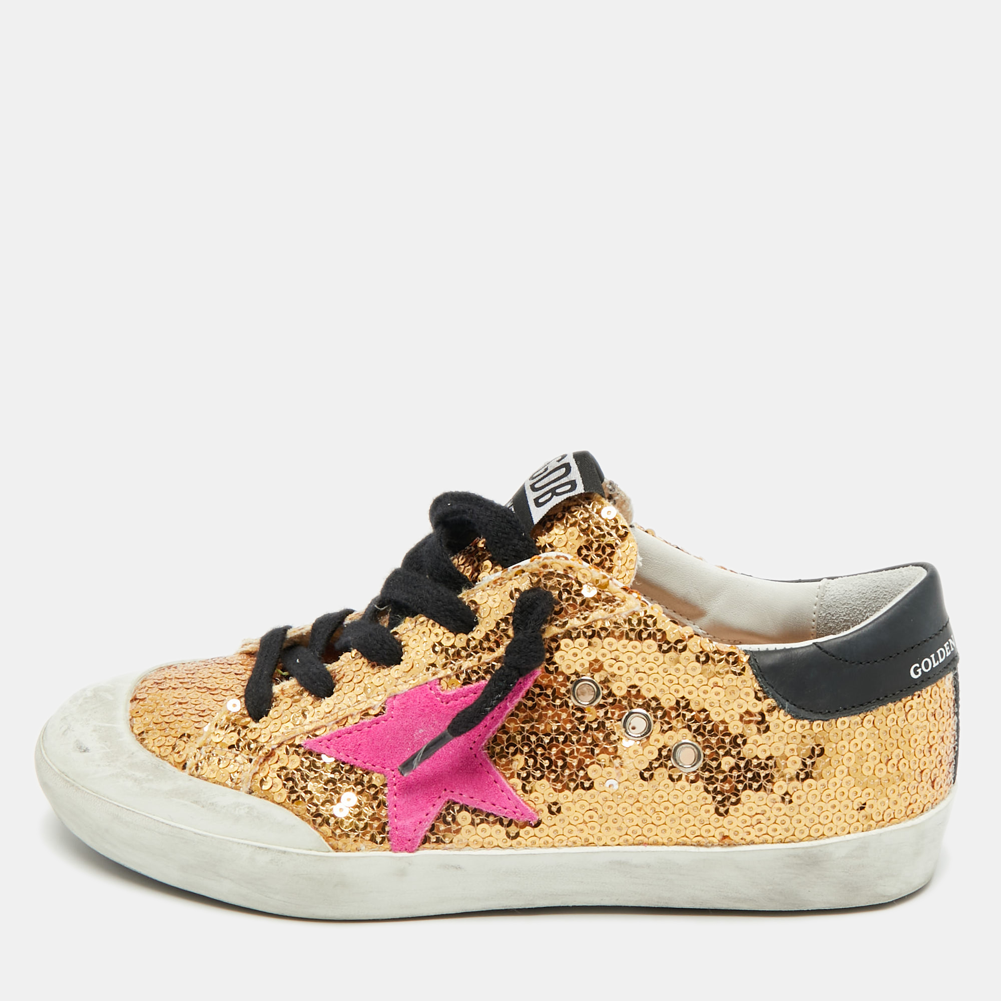 Pre-owned Golden Goose Gold Sequins Superstar Penstar Sneakers Size 34