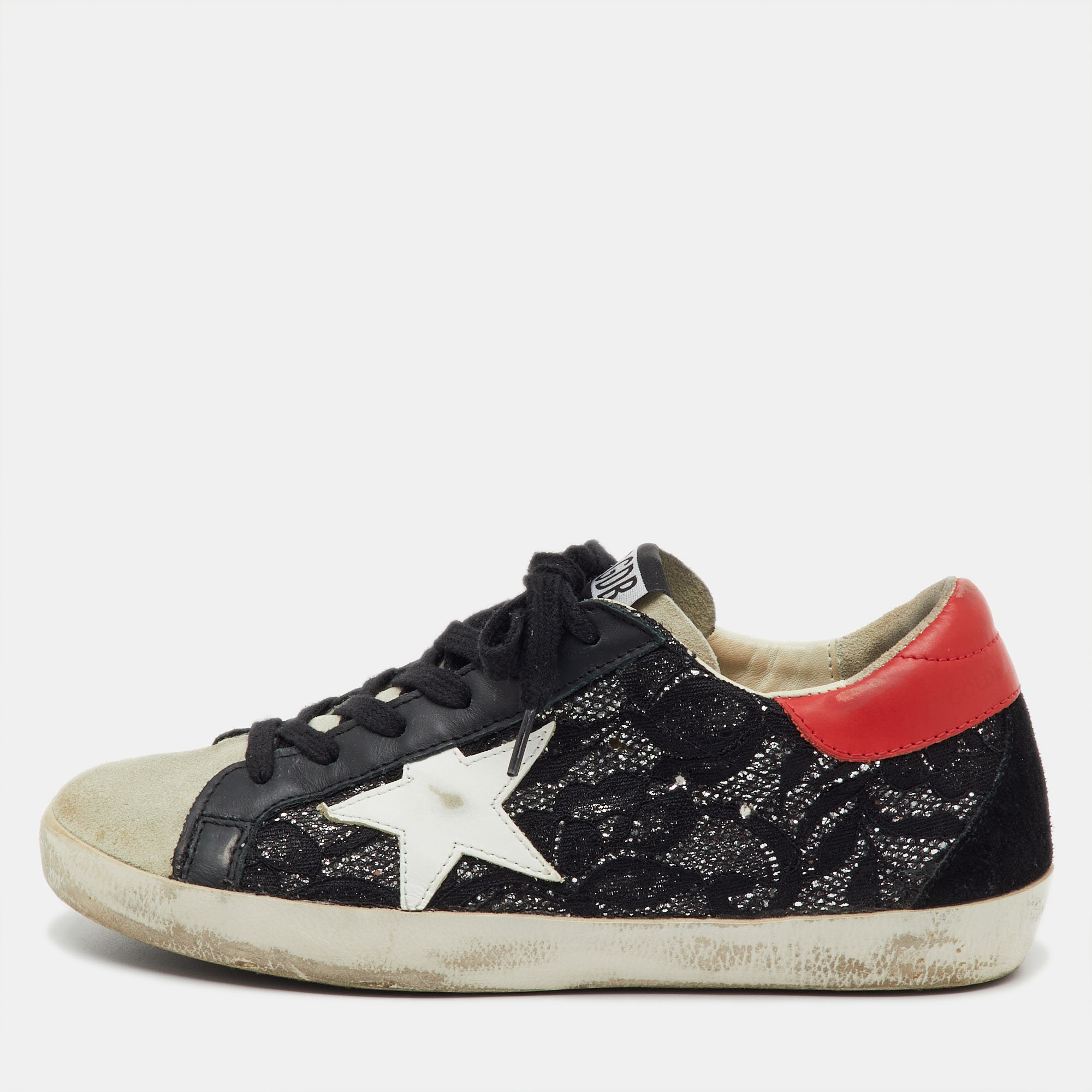 Pre-owned Golden Goose Black/grey Lace And Suede Super Star Low Top Sneakers Size 36
