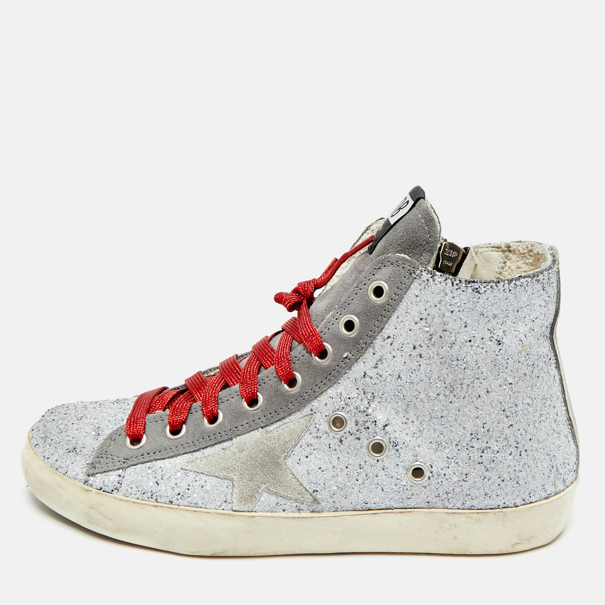 Pre-owned Golden Goose Grey Glitter And Suede Francy Sneakers Size 38 In Gray