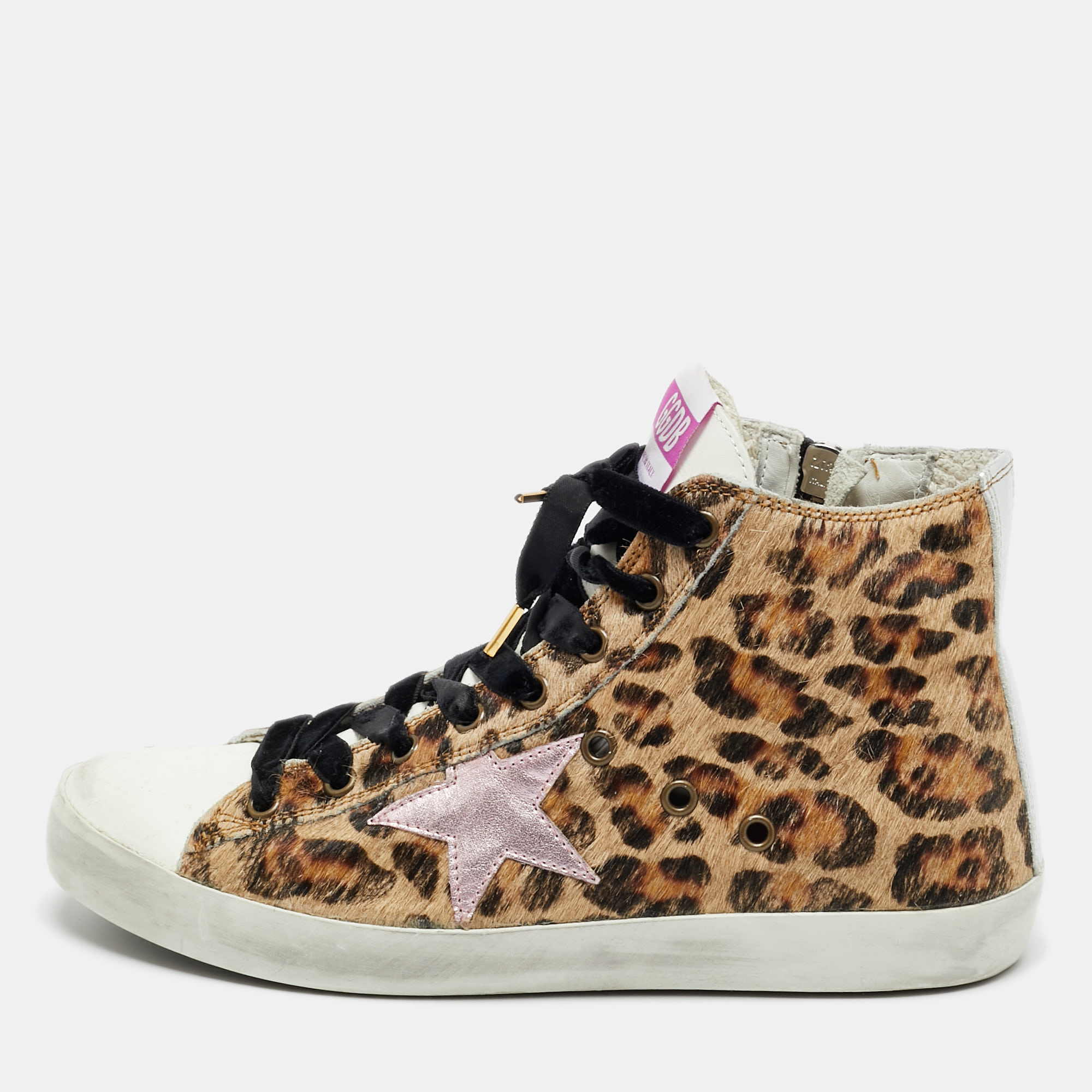 Pre-owned Golden Goose Superstar Size 38 Multicolor Leopard Print Calf Hair And Leather High Top Sneakers