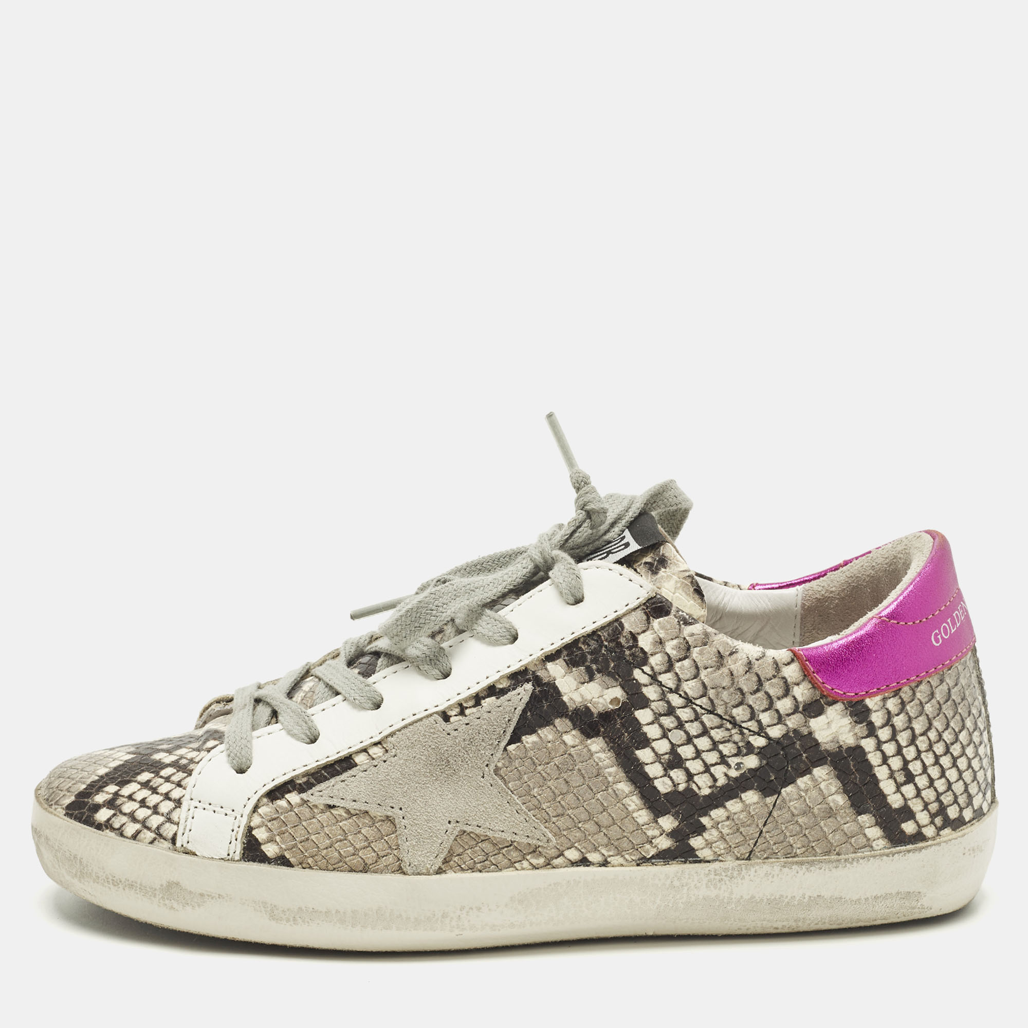 Pre-owned Golden Goose Superstar Size 36 Grey Python Embossed Leather And Suede Lace Up Sneakers In Gray
