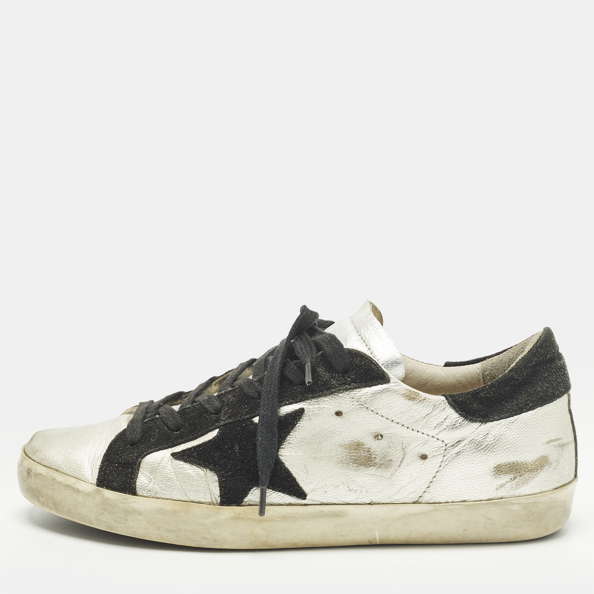 Pre-owned Golden Goose Superstar Size 38 Silver/black Leather And Suede Lace Up Sneakers