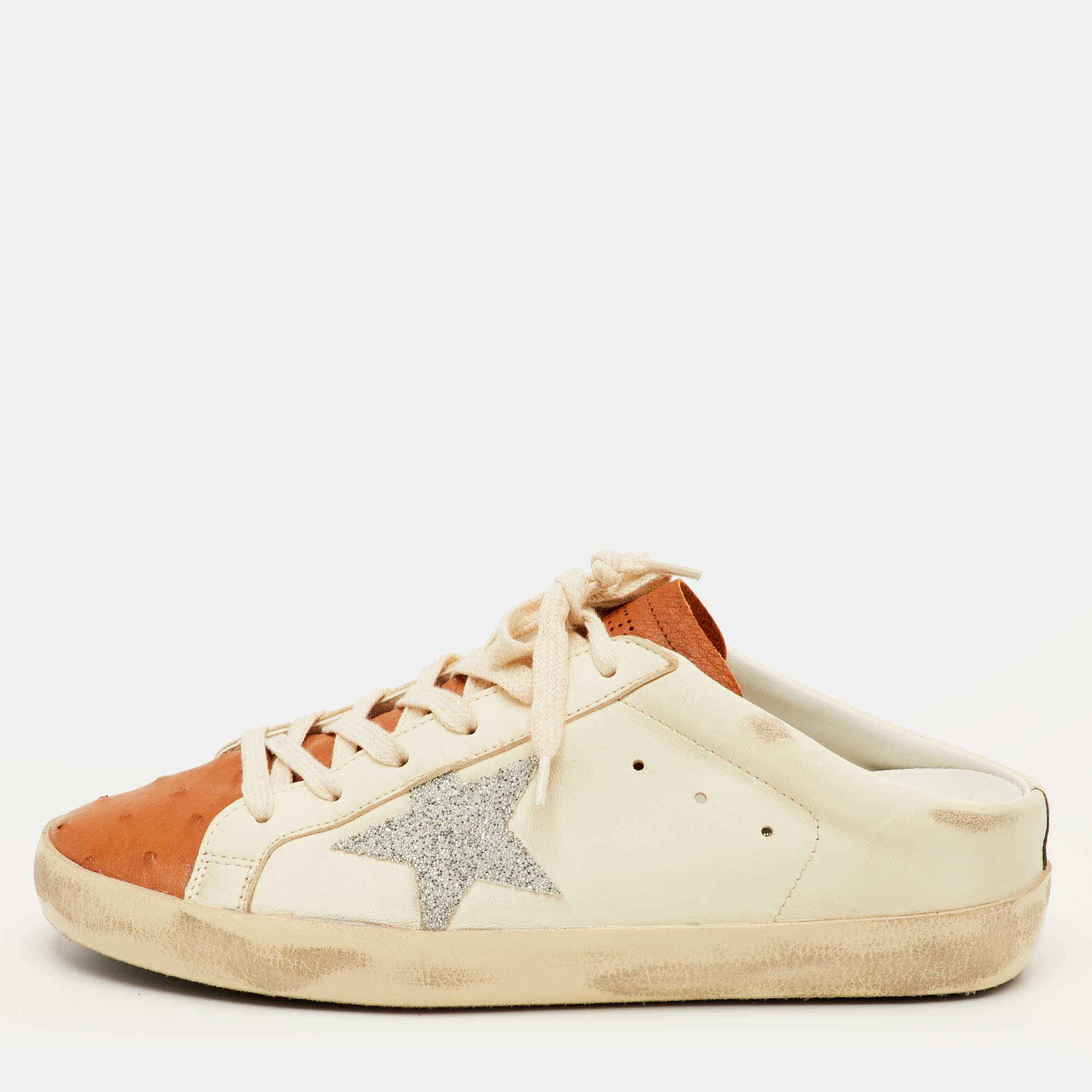 

Golden Goose Superstar Size  White/Brown Ostrich and Leather Lace Up Mule Sneakers