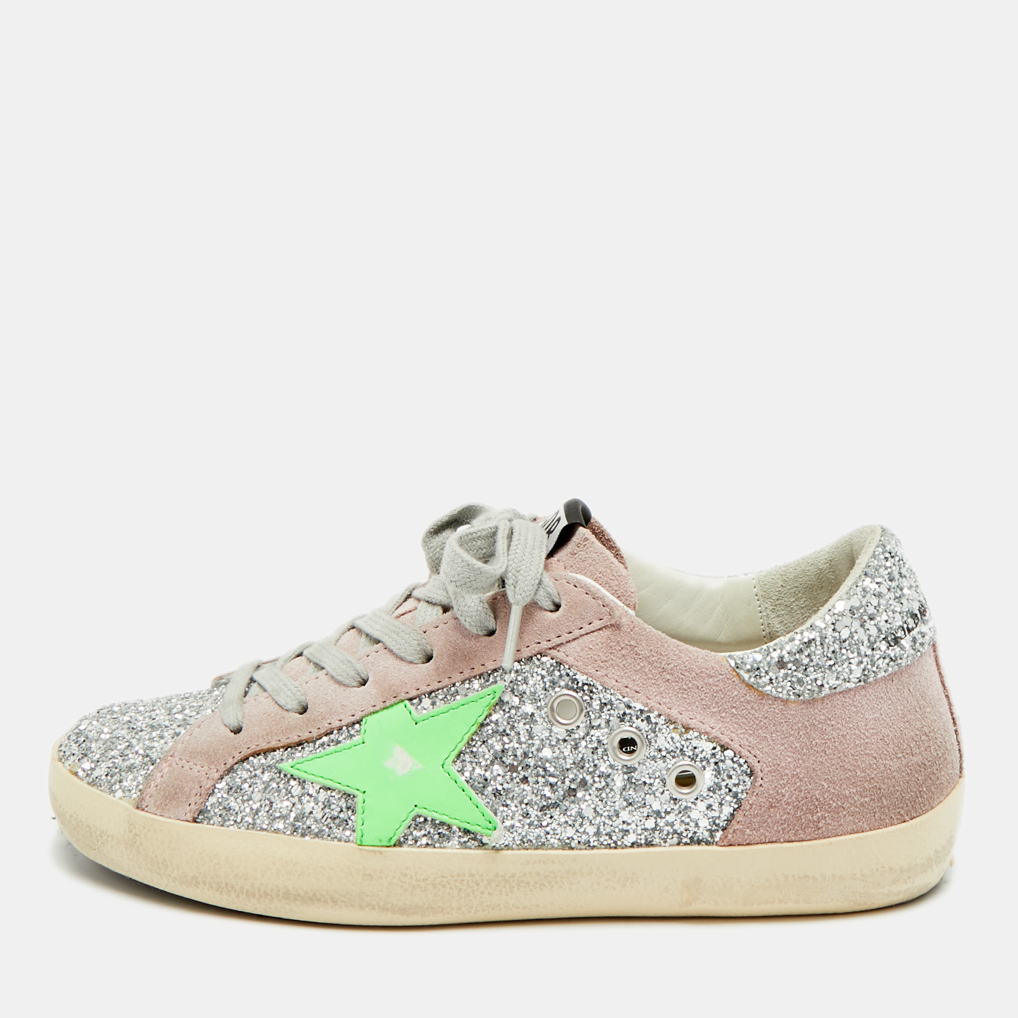

Golden Goose Superstar Size  Pink/Silver Glitter and Suede Lace Up Sneakers