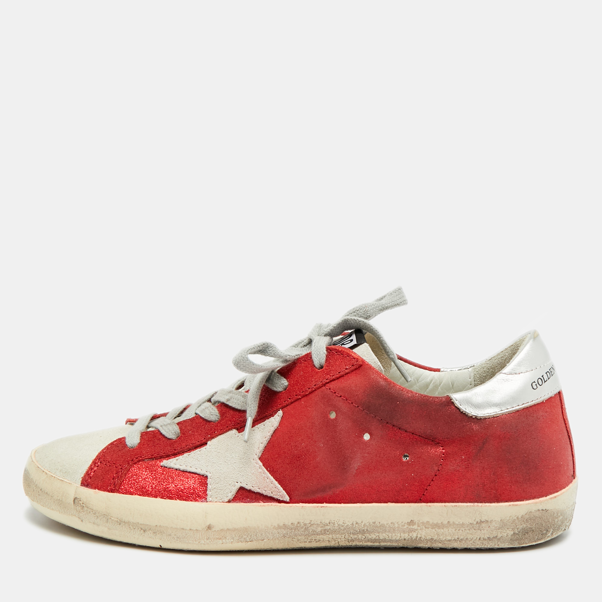 

Golden Goose Superstar Size  Tricolor Glitter and Suede Lace Up Sneakers, Red