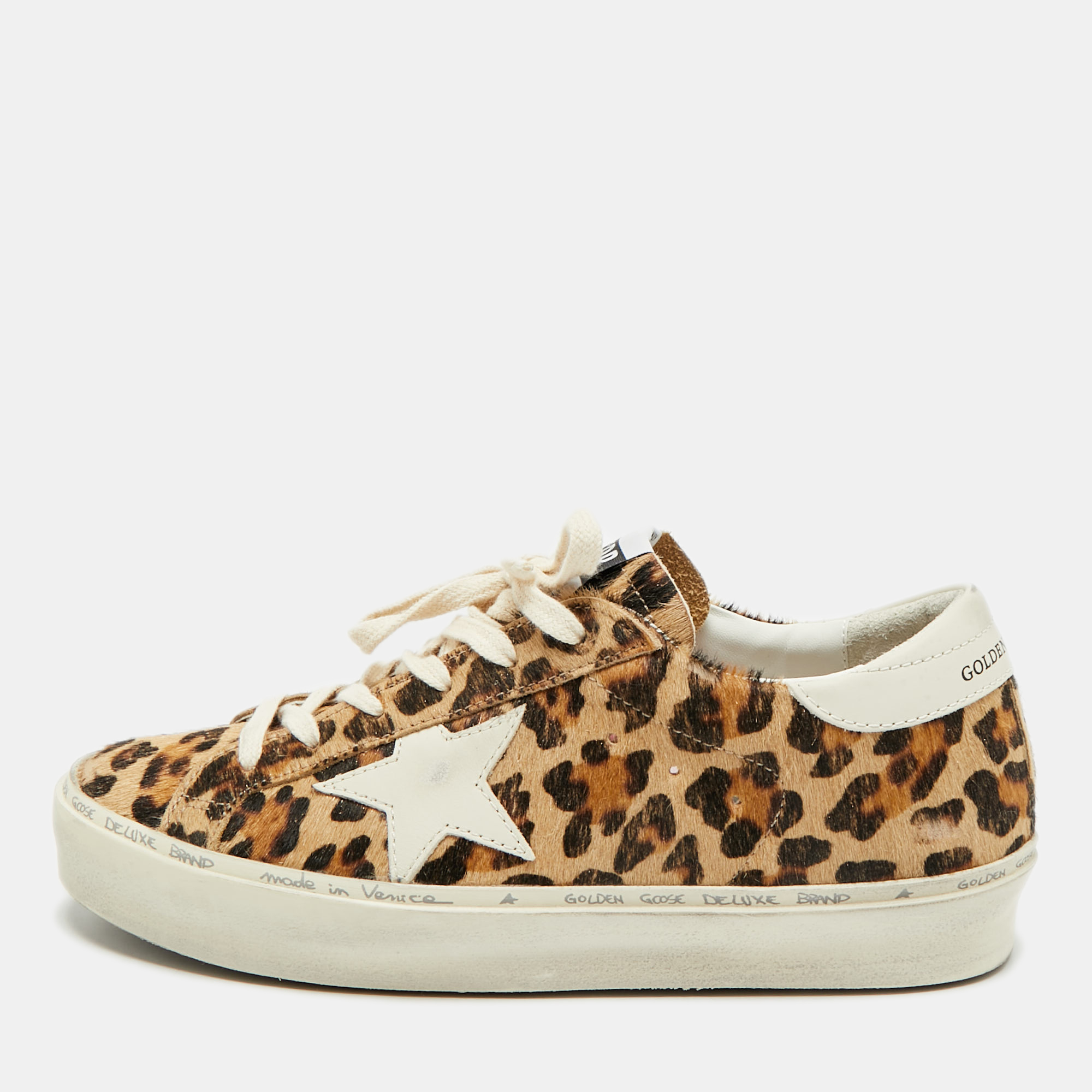 

Golden Goose Hi Star Size  Brown/White Leopard Print Calf Hair and Leather Lace Up Sneakers