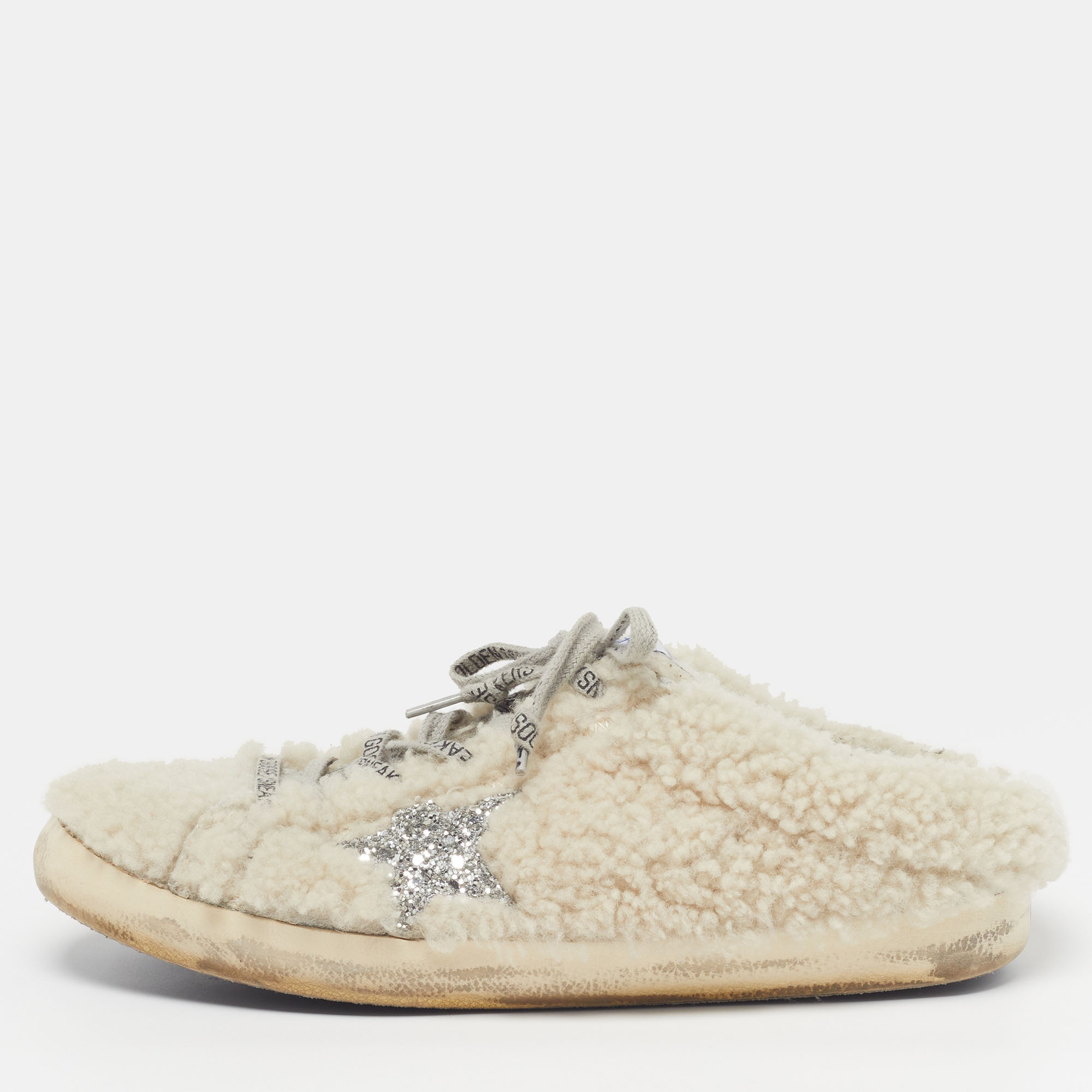 

Golden Goose Superstar Sabot Size  Off White Shearling Fur Lace Up Mule Sneakers