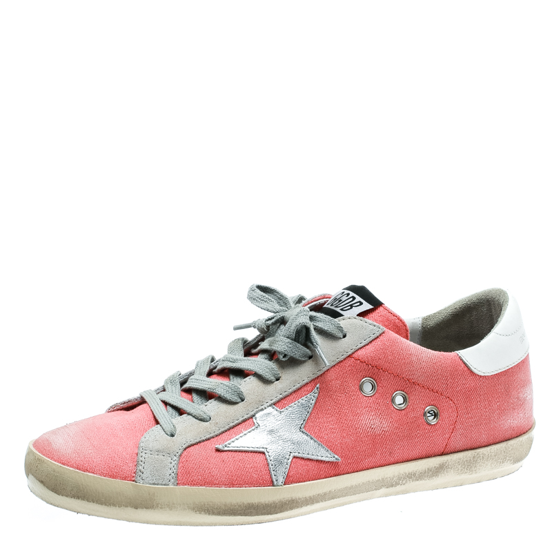 Pre Owned Golden Goose Pink Denim And Metallic Silver Star Applique Low Top Sneakers Size 41