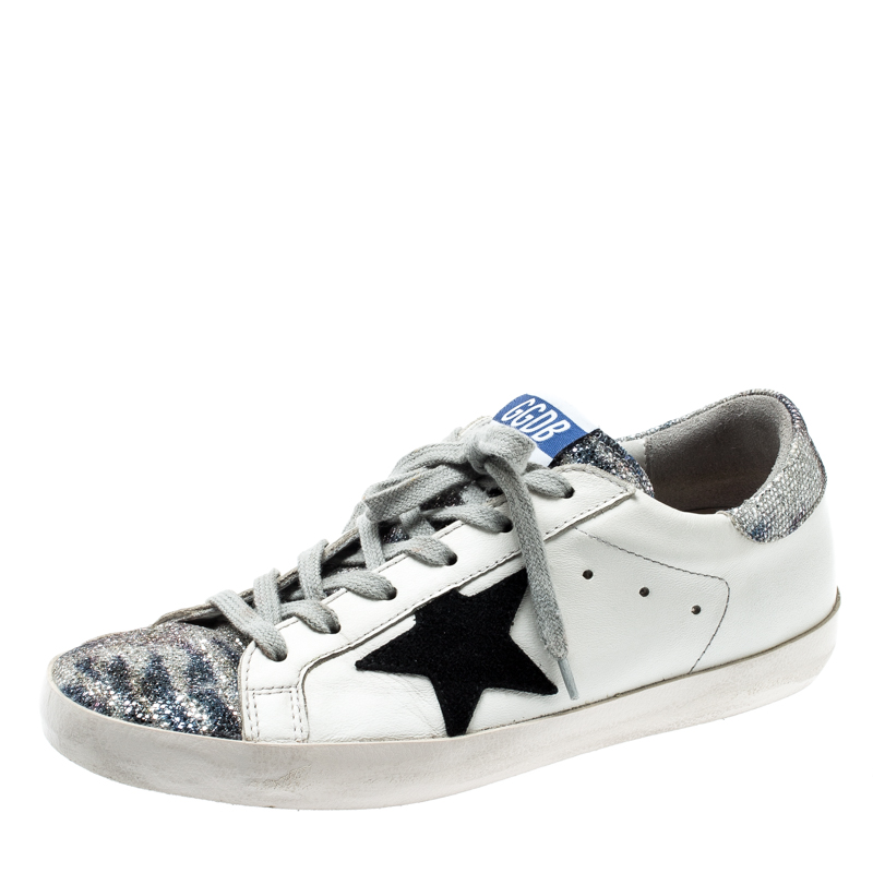 Pre Owned Golden Goose White Leather And Black Suede Star Applique Low Top Sneakers Size 39