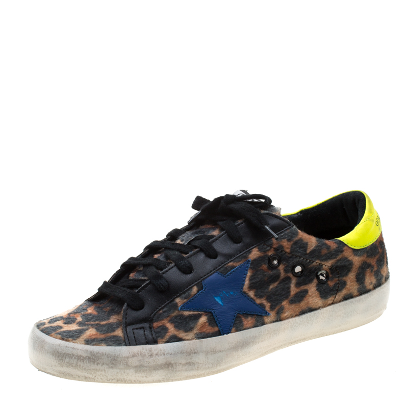 Golden Goose Leopard Print Calf Hair Superstar Distressed Lace Up Sneakers Size 39