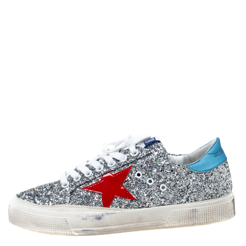 

Golden Goose Metallic Silver Coarse Glitter Superstar Lace Up Sneakers Size