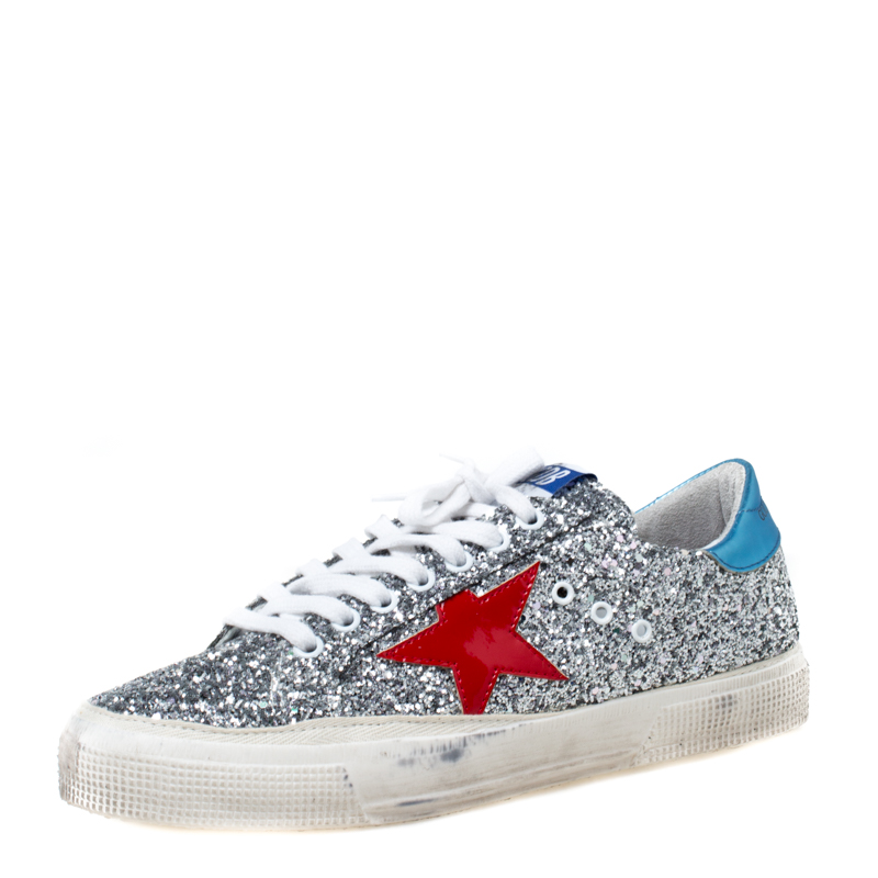 Golden Goose Metallic Silver Coarse Glitter Superstar Lace Up Sneakers ...