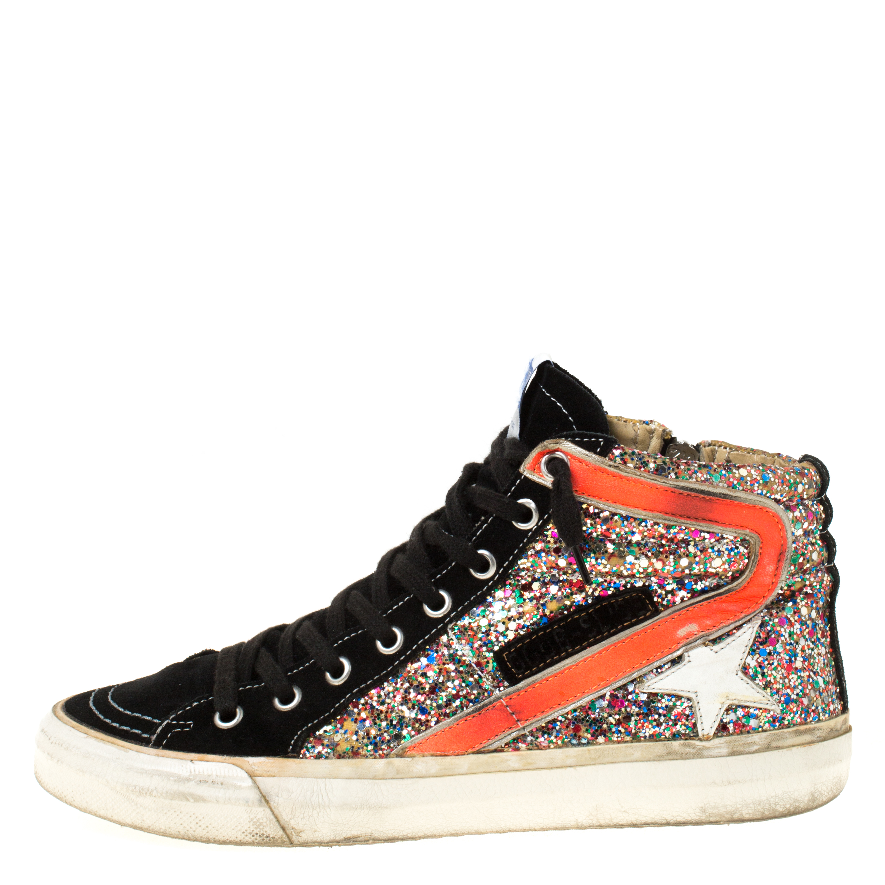 

Golden Goose Multicolor Suede and Glitter Slide High Top Sneakers Size