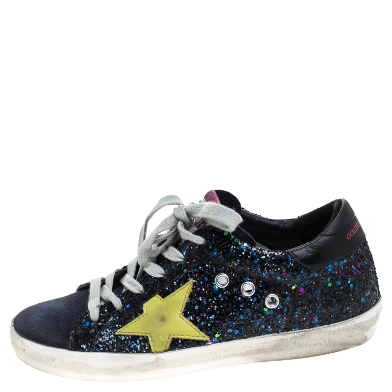 

Golden Goose Black/Blue Coarse Glitter Fabric and Suede Superstar Lace Up Sneakers Size