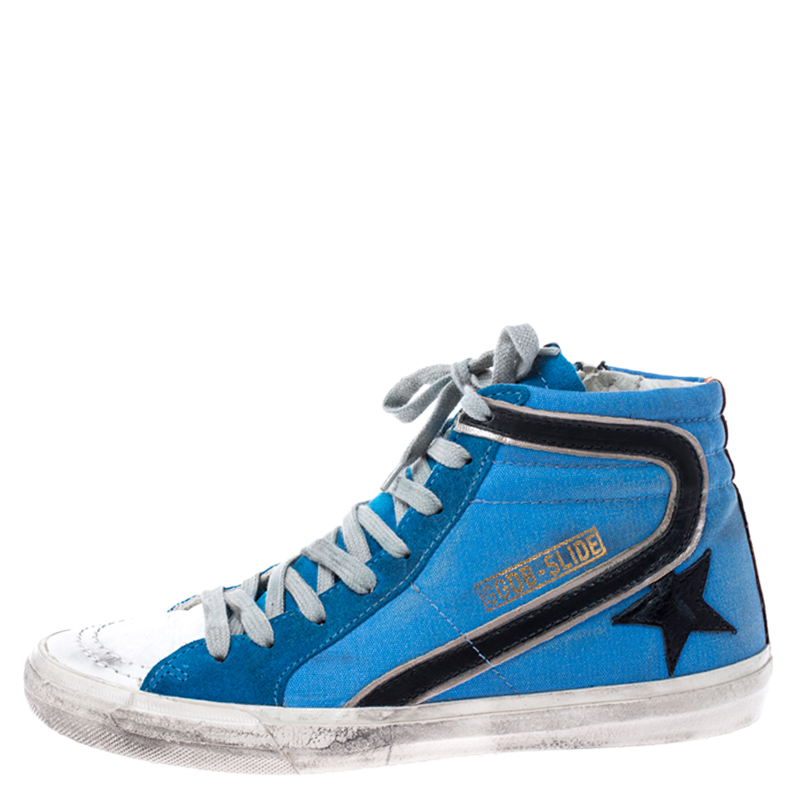 

Golden Goose Multicolor Canvas And Leather Distressed High Top Sneakers Size, Blue