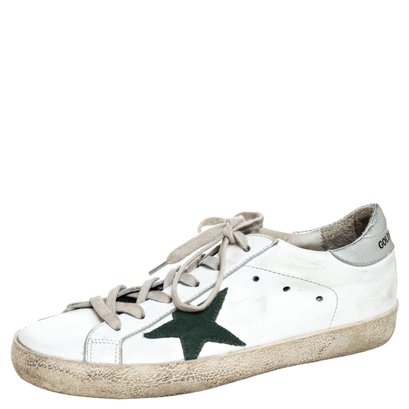 Golden Goose White Leather and Green Suede Superstar Lace Up Sneakers Size 38