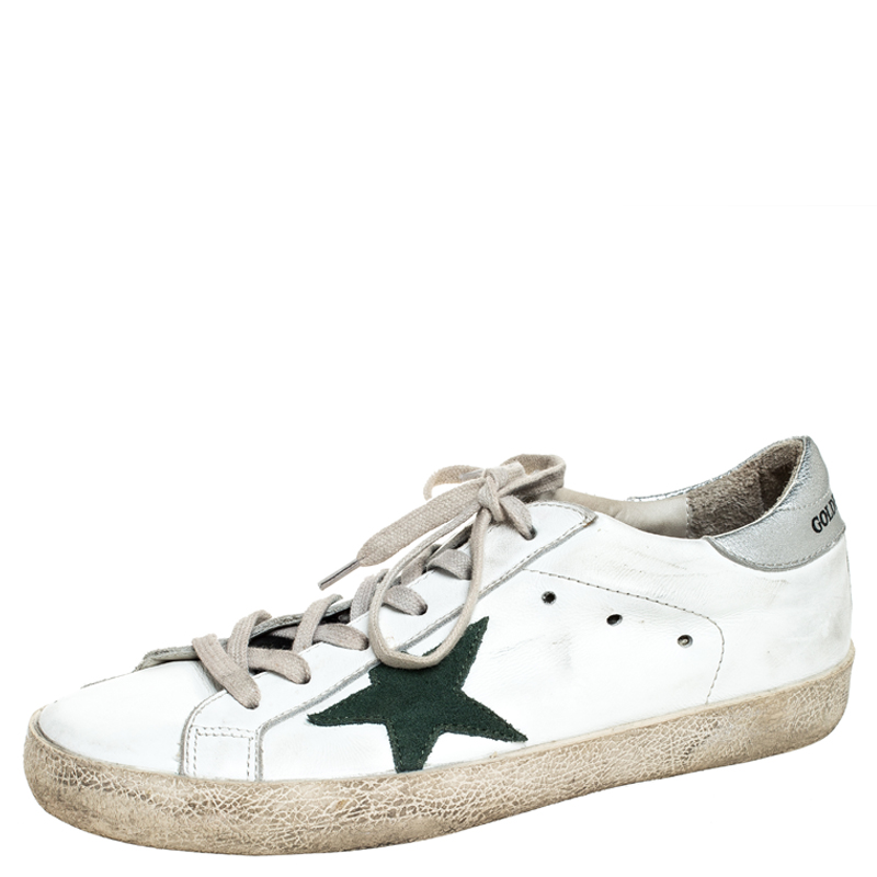 Golden Goose White Leather and Green Suede Superstar Lace Up Sneakers ...