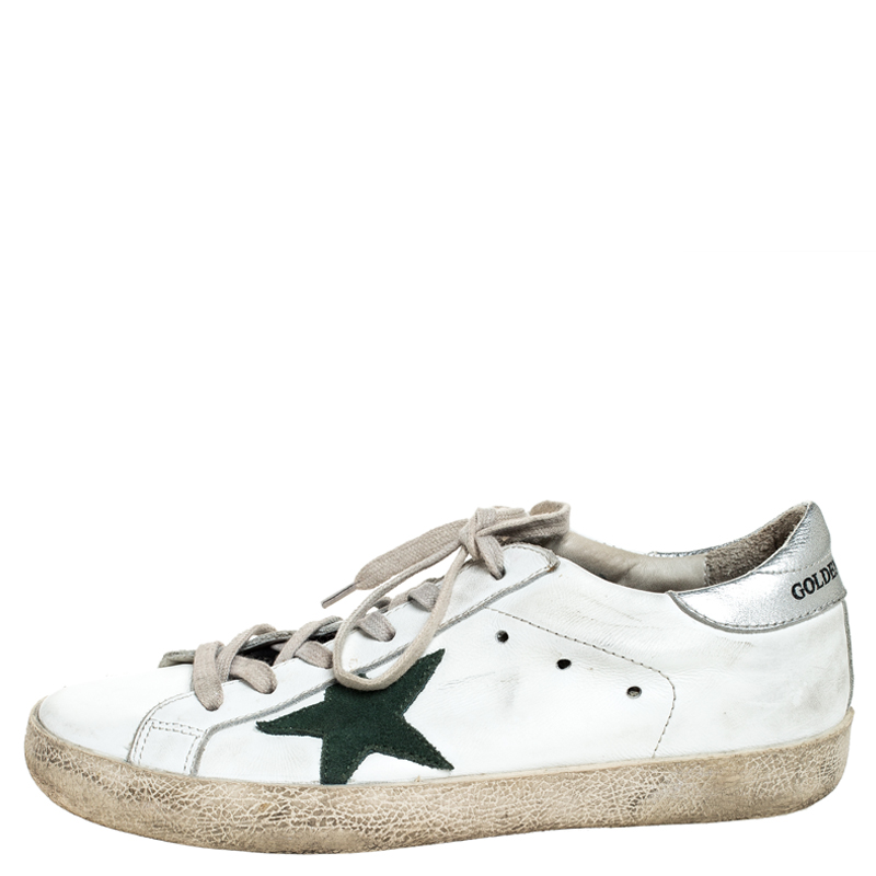 

Golden Goose White Leather and Green Suede Superstar Lace Up Sneakers Size