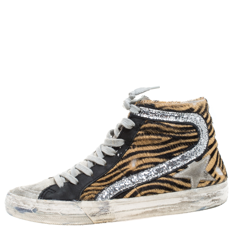 

Golden Goose Multicolor Leather And Zebra Print Pony Hair High Top Sneakers Size