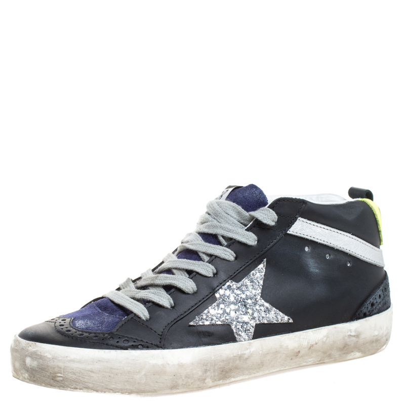 Pre Owned Golden Goose Black/Blue Leather And Suede Star Applique Low Top Sneakers Size 36