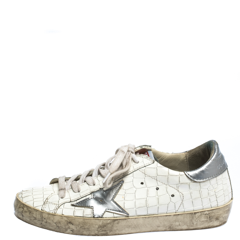 

Golden Goose White/Grey Croc Embossed Leather Superstar Low Top Sneakers Size