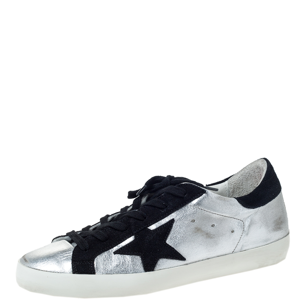 Golden Goose Silver Leather And Black Suede Distressed Star Low Top Sneakers Size 39