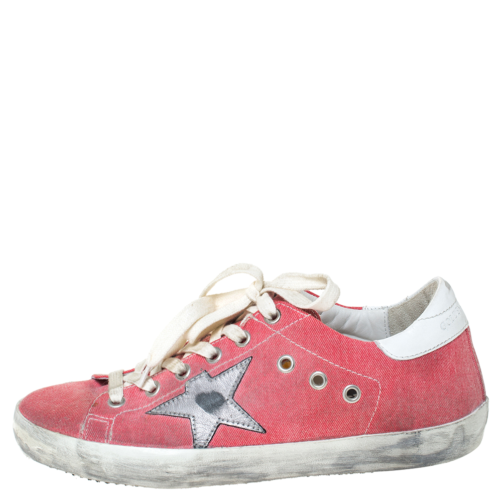 

Golden Goose Pink Canvas and Leather Distressed Low Top Sneakers Size