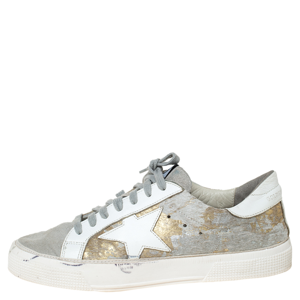 

Golden Goose White/Grey Distressed Suede And Metallic Pony Hair May Lace Up Sneakers Size