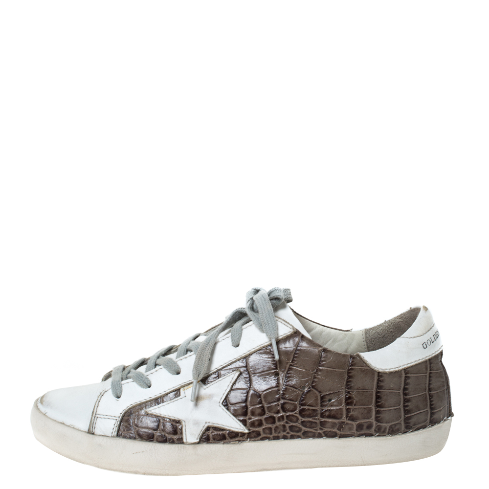 

Golden Goose White/Grey Croc Embossed Leather Superstar Low Top Sneakers Size