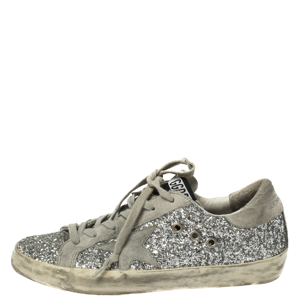 

Golden Goose Silver Glitter and Suede Superstar Lace Up Sneakers Size