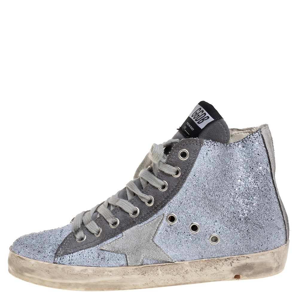 

Golden Goose Silver/Grey Glitter And Suede High Top Sneakers Size