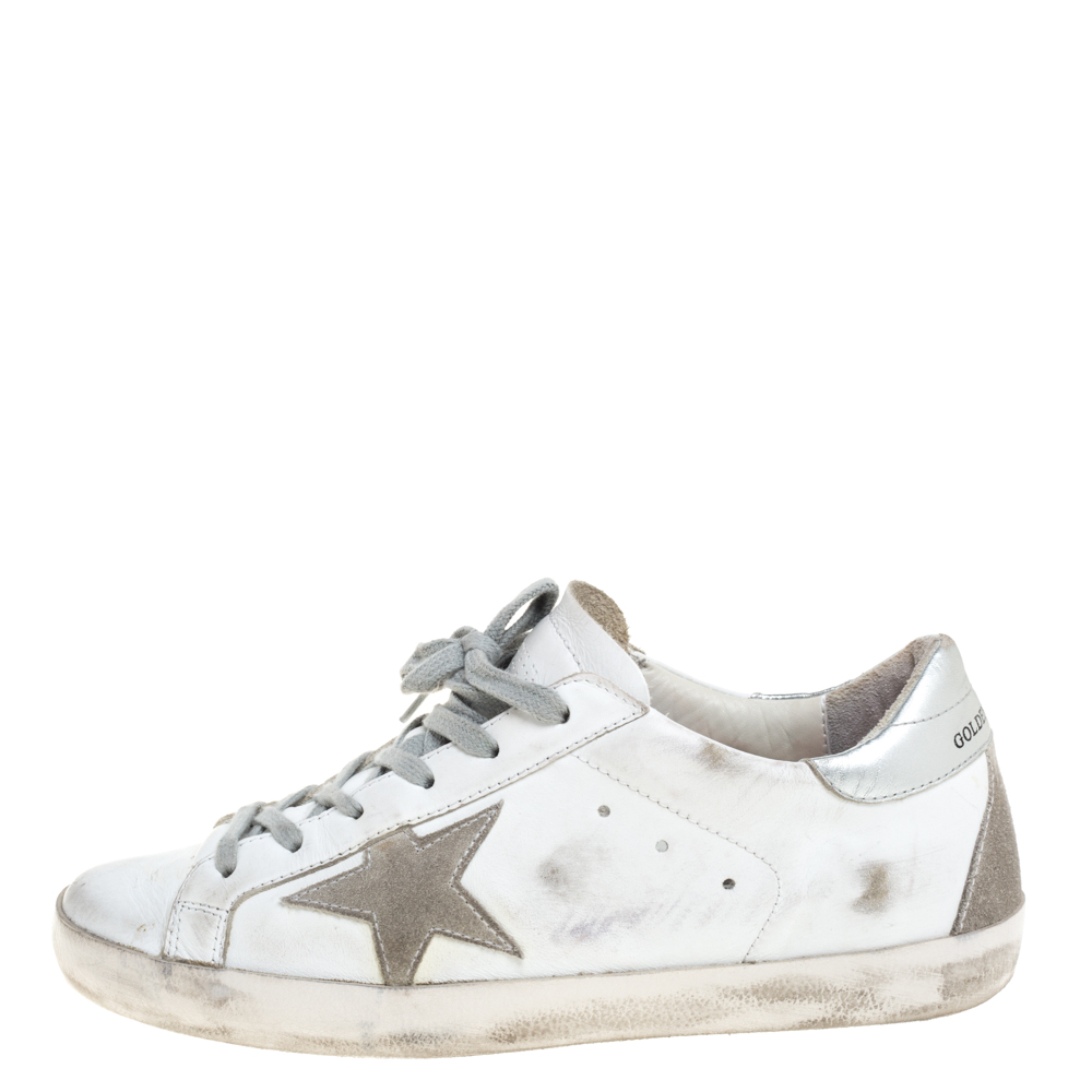 

Golden Goose White/Silver Leather Hi Star Sneakers Size